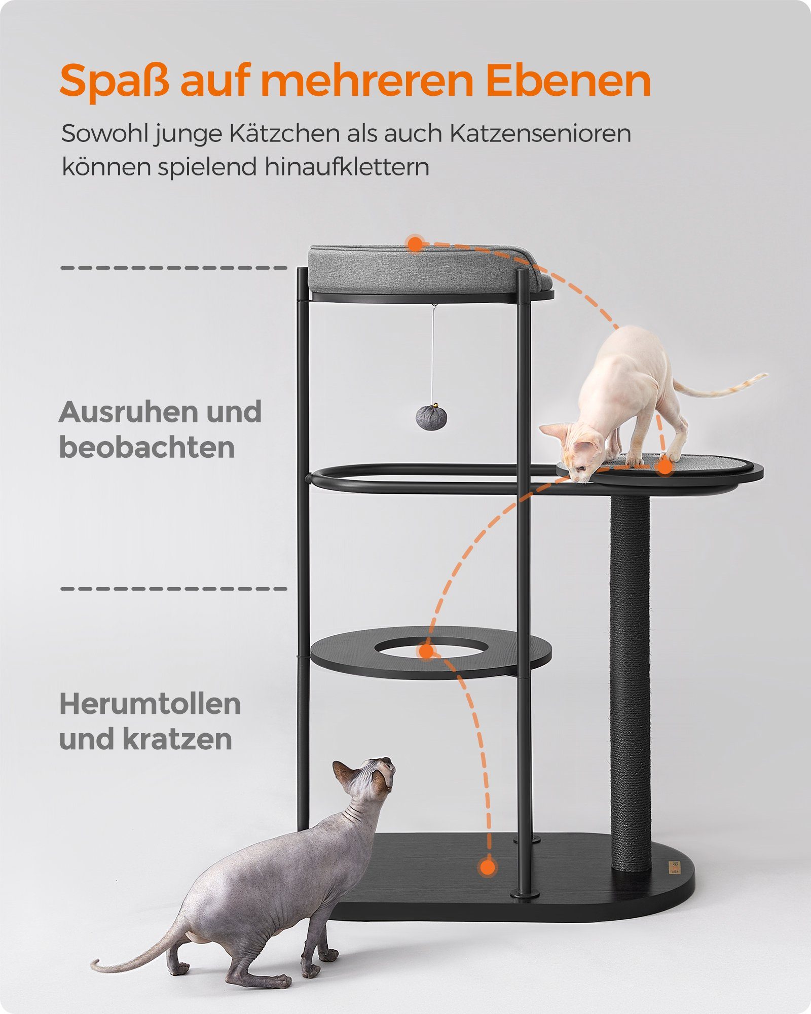 FEANDREA Kratzbaum, modern,Metallrohre,mit Kissen,Sisalstamm,Katzenspielball