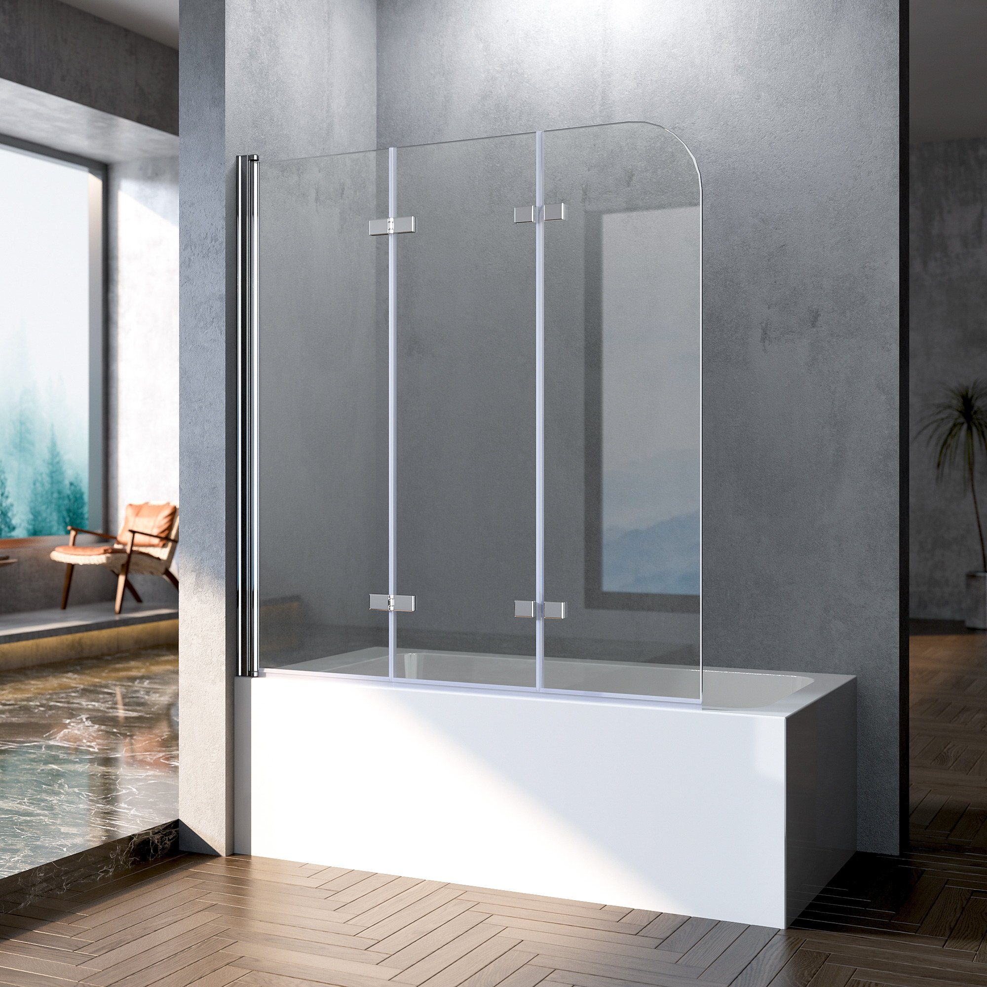 Boromal Badewannenaufsatz Duschwand für Badewanne 3 teilig Badewannenfaltwand Faltbar 120-130cm, Sicherheitsglas, (3-teilig faltbar, 3-teilig faltbar), Duschtrennwand 6mm ESG Glas, Nano