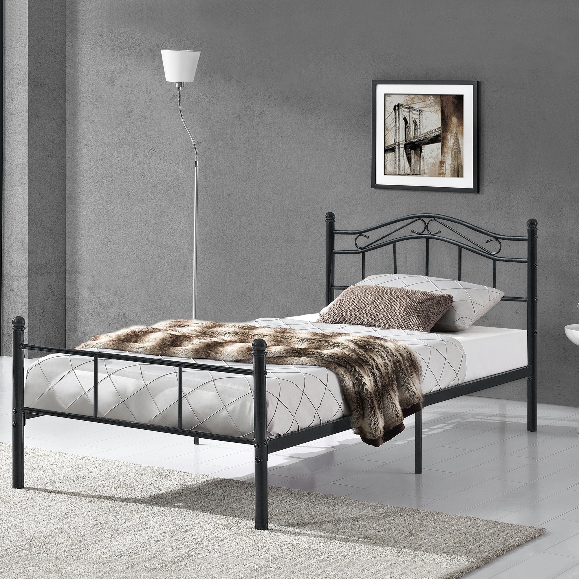 en.casa Metallbett, Damur - schwarz - 90x200cm - mit geschwungenem Kopfteil
