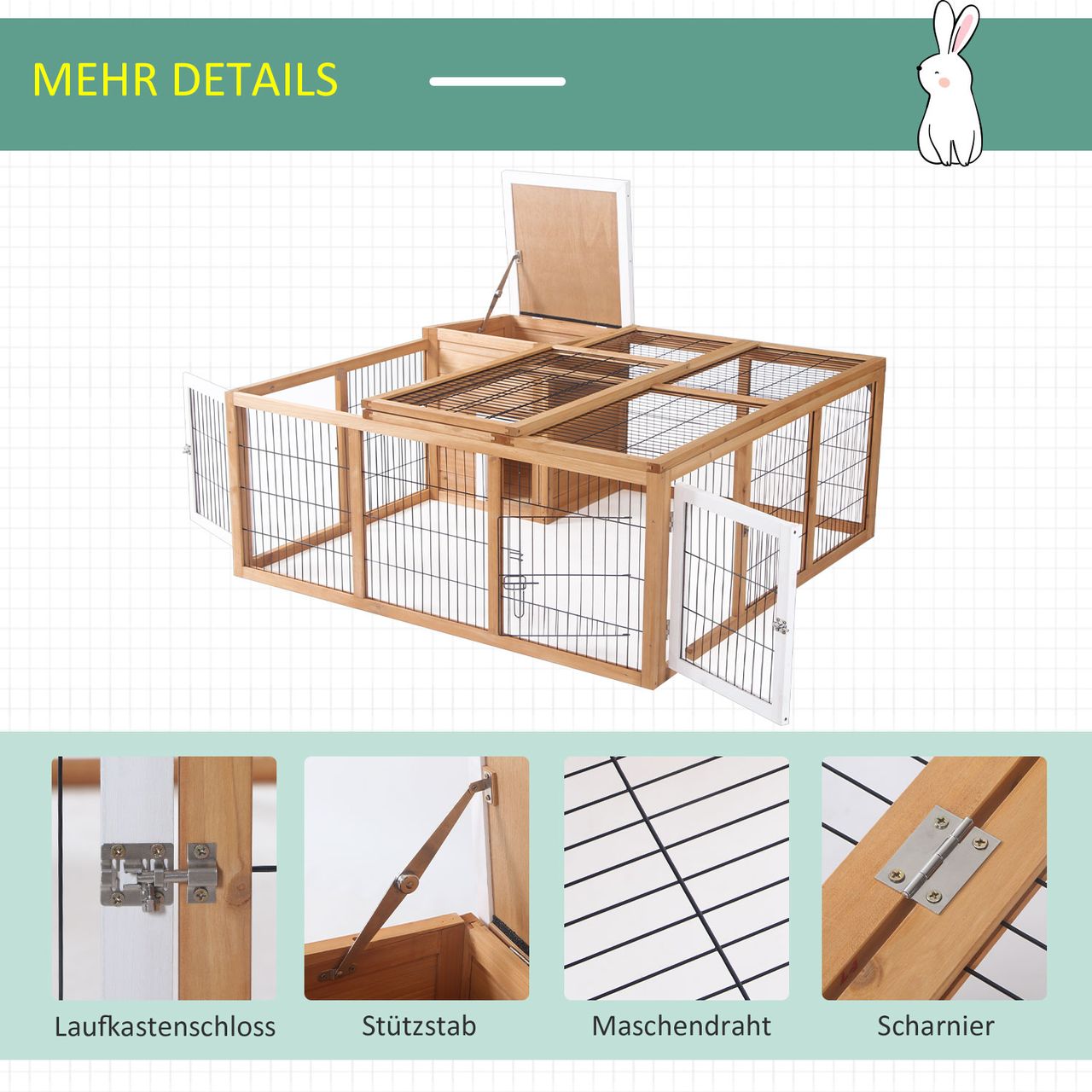 PawHut Kaninchenstall Hasenstall mit Freilaufgehege Kleintierstall Dach zum Öffnen wasserdicht multifunktional Tannenholz Natur 123x120x52 cm