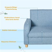 HOMCOM Kindersessel Kindersofa mit dickem Schaumstoff und dicken Sitzkissen Kindercouch Stuhl Liegesofa mit Anti-Rutsch-Füßen für 3-8 Jahre Kinder Holz Leinen Schaumstoff Blau 49x45x44,5 cm