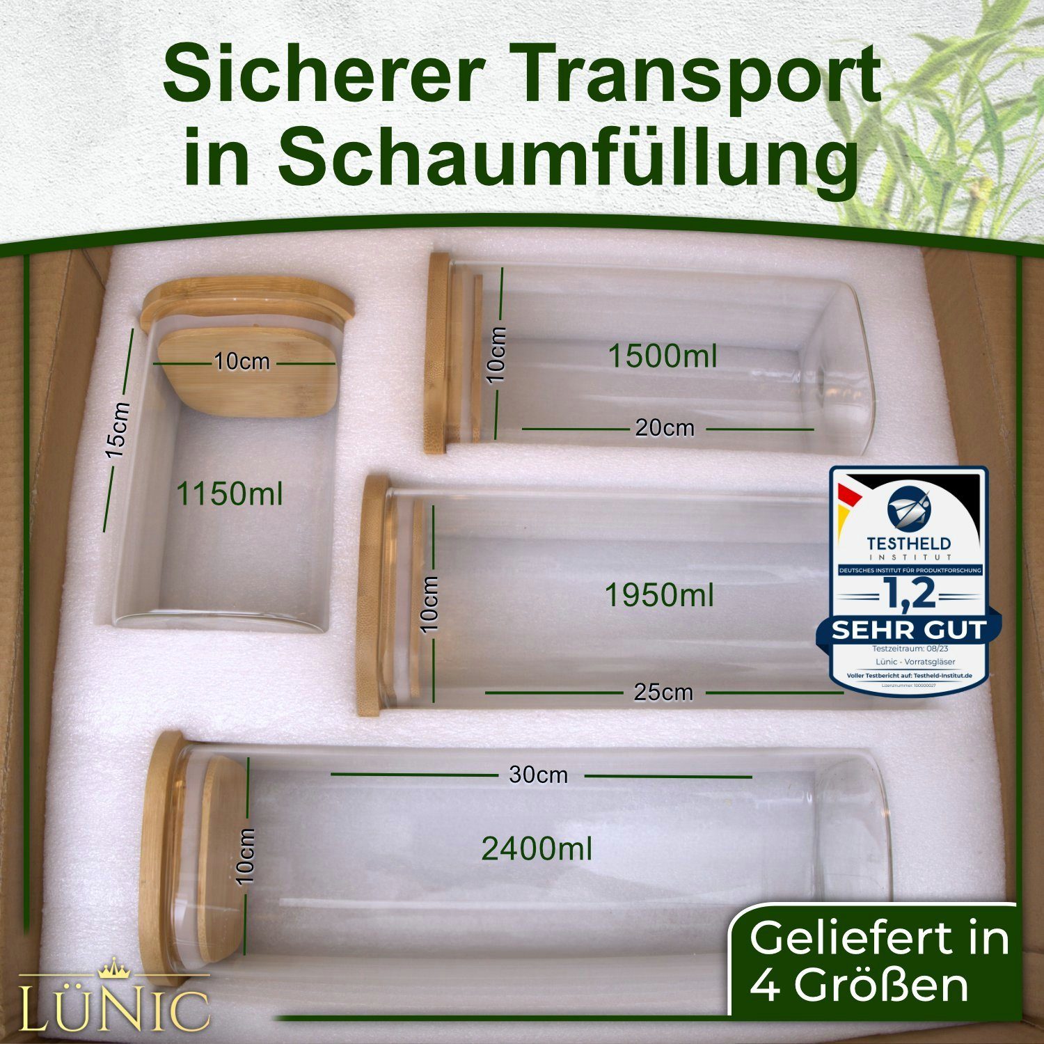 LÜNIC Vorratsglas Vorratsbehälter Glasbehälter Vorratsdosen, Borosilikatglas, (2-tlg., 1500ml), mit Bambusdecke, eckig