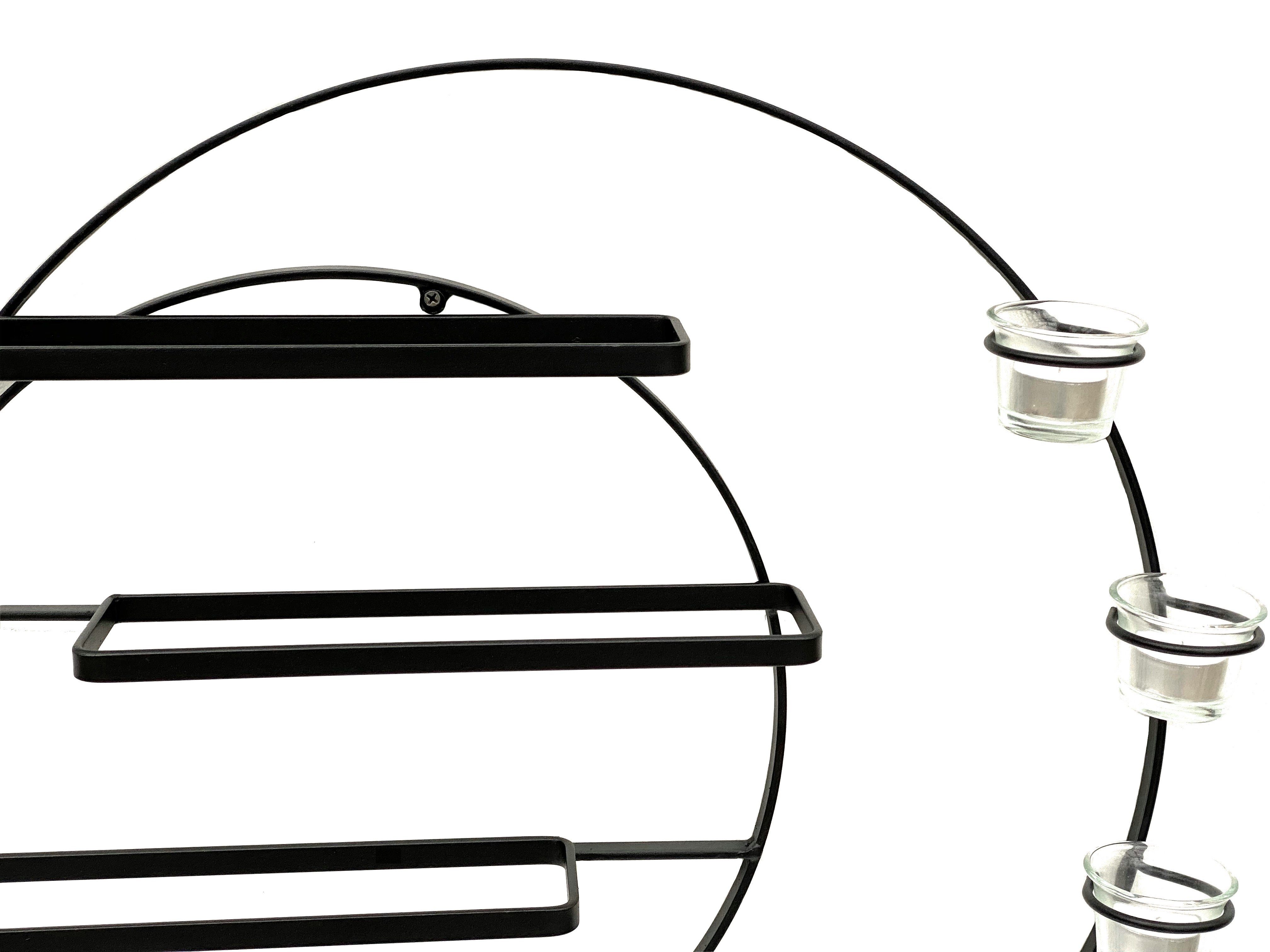 DanDiBo Weinregal für 4 Flaschen und Teelichter Metall 55 cm Wand Schwarz Vivace 96214 Rund Flaschenregal Flaschenhalter Wandmontage Modern Wandhalter Wandregal, Inklusive 4 x Teelichtgläser und Befestigungsmaterial