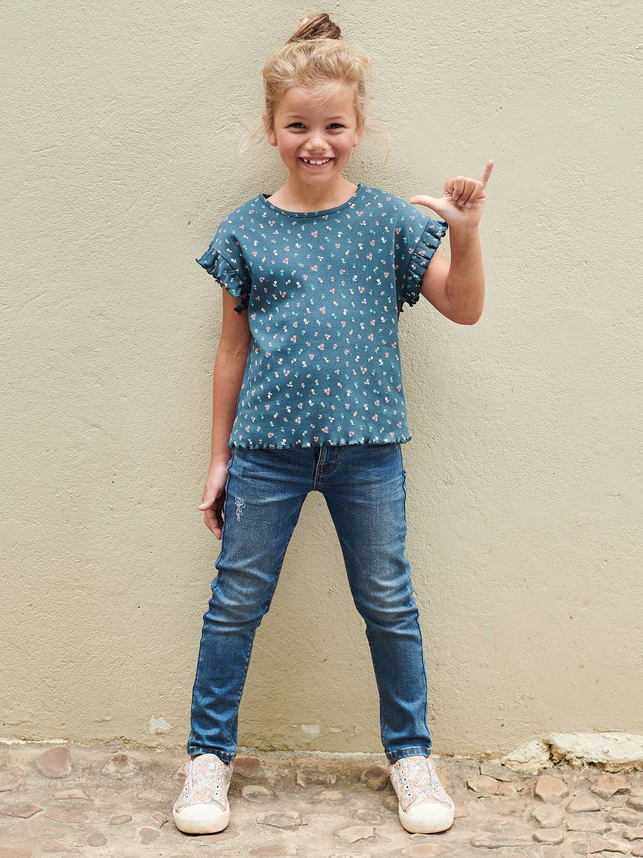 Vertbaudet Mädchen T-Shirt mit Blumenmuster - nachtblau