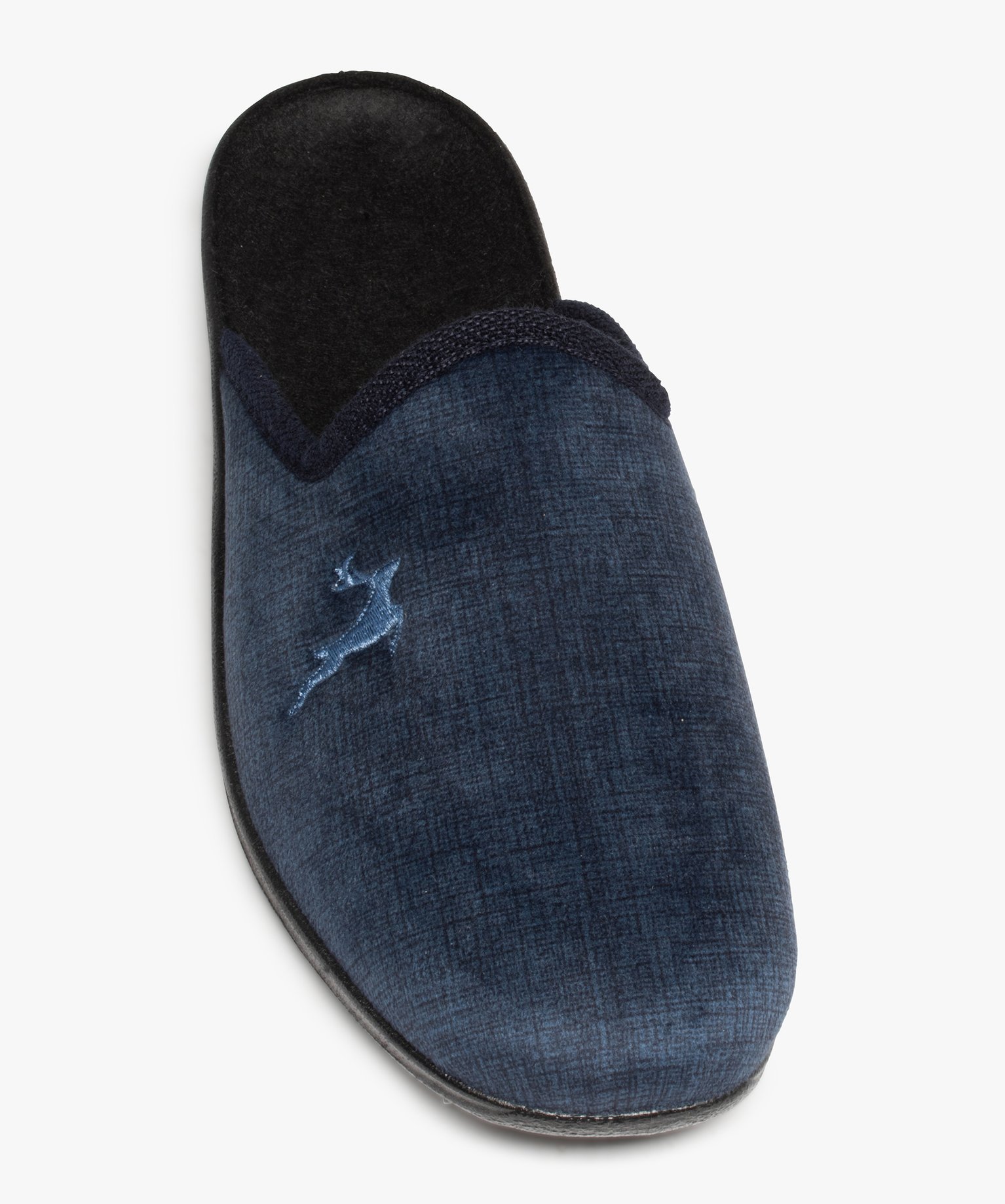 Chaussons mules en velours ras avec broderie homme bleu | GEMO