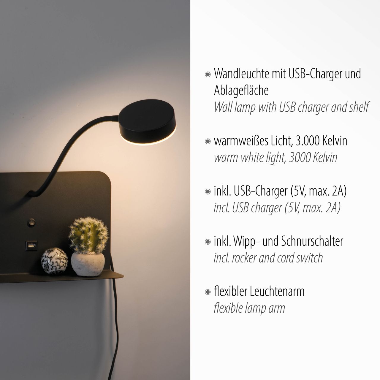 JUST LIGHT LeuchtenDirekt LED Wandleuchte BOARD, dreh- und schwenkbar, USB, 3000 K, Ablagefläche, Innenleuchte, IP20