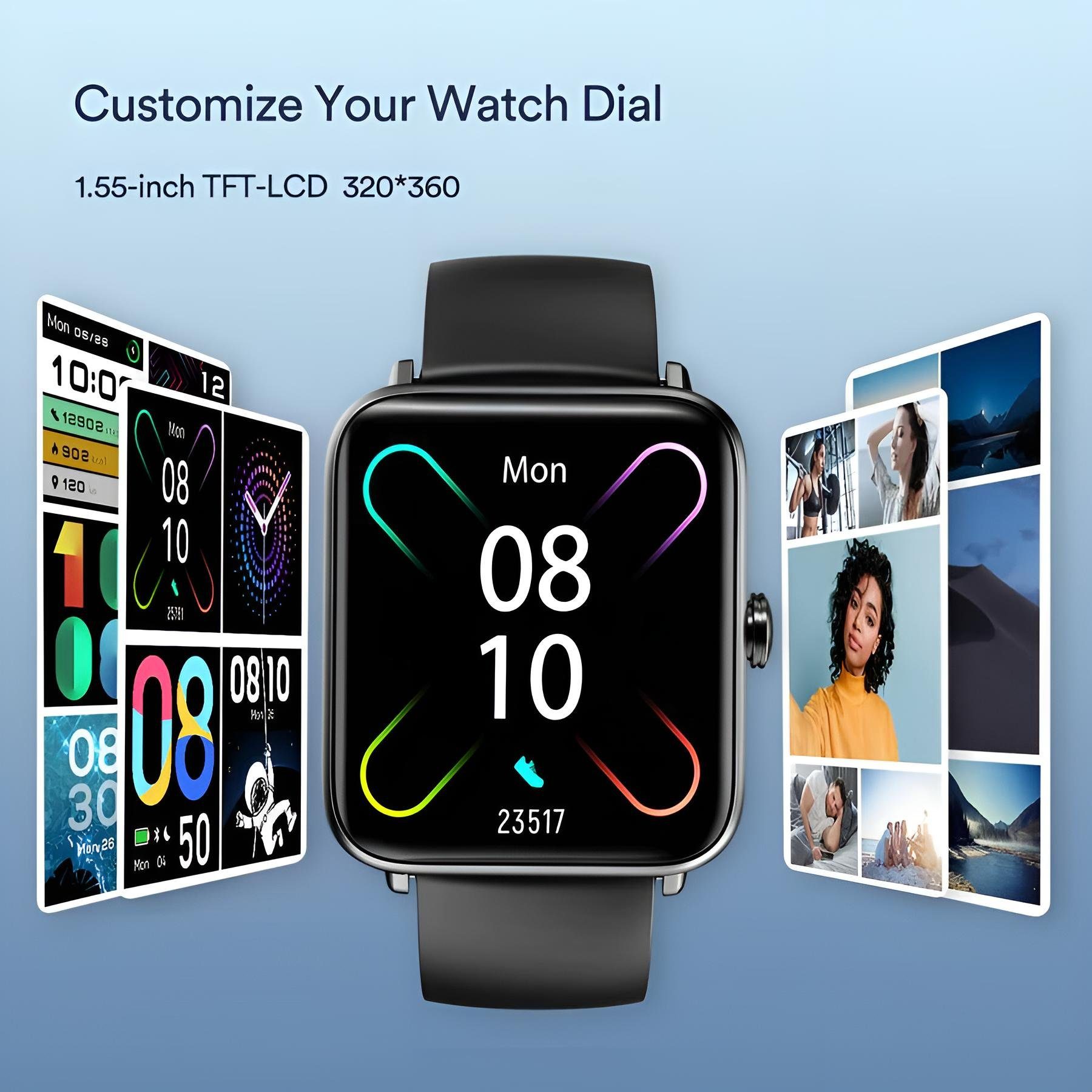 Diyarts GT01 Smartwatch (3,9 cm/1,55 Zoll) Sportuhr, Fitnessuhr, mit 14 Sportmodi, 5ATM-Wasserdichtigkeit, LCD-Touchscreen, SpO2, HR-Monitoring & intelligente Erinnerung
