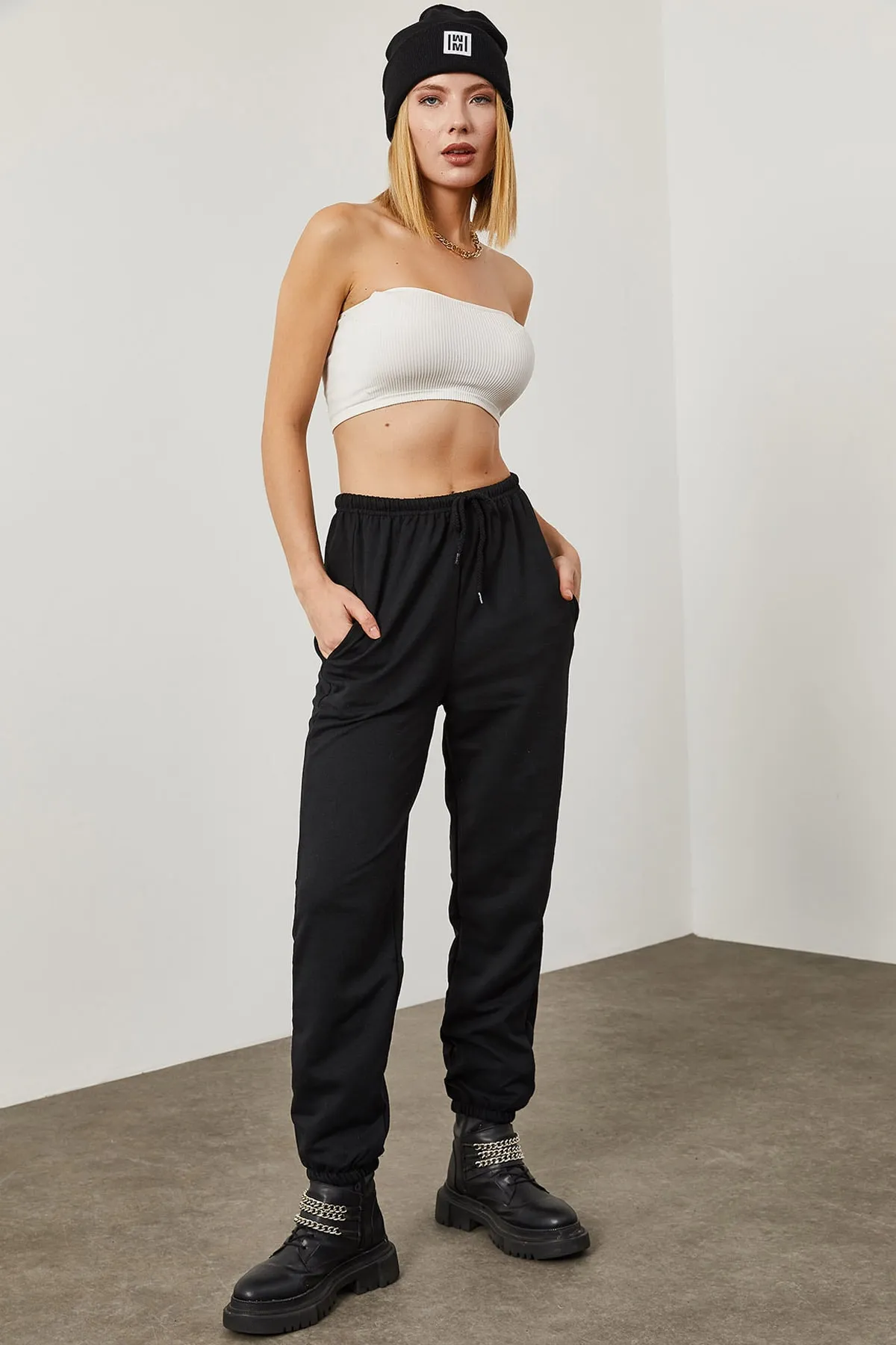 XHAN  Schwarze Damen-Jogginghose mit Spitzenbund 0YZK8-10364