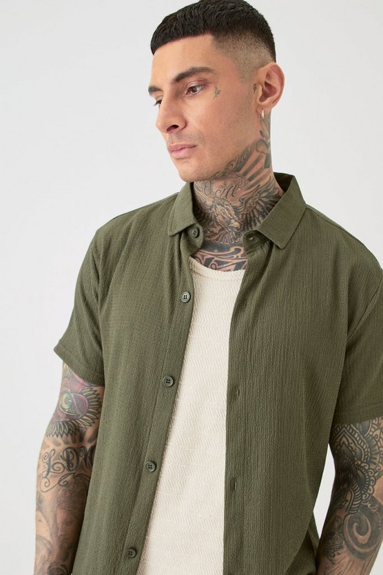 Tall kurzärmliges strukturiertes Hemd in Khaki