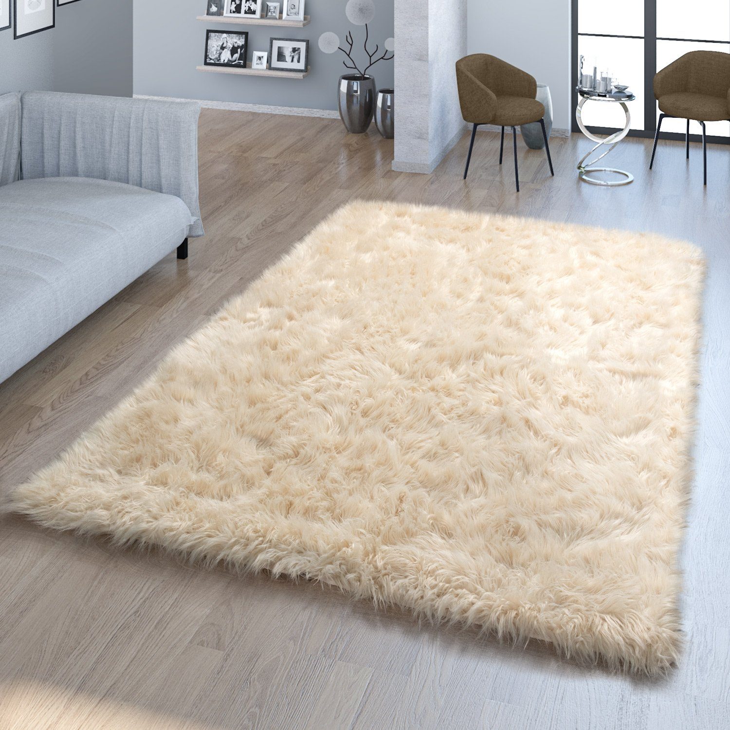 Fellteppich Wohnzimmer Hochflor Teppich Kunst-Fell Design, TT Home, rund, Höhe: 64 mm