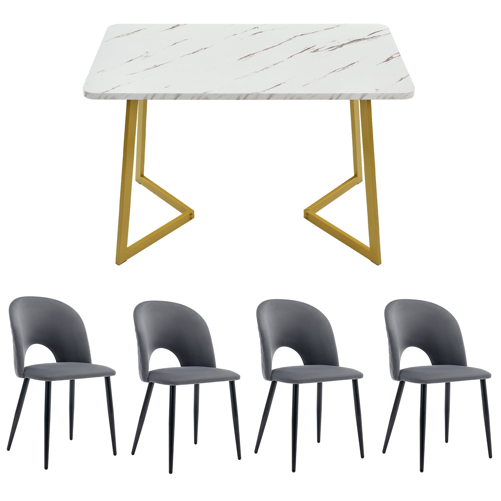 Celya Essgruppe Esstisch mit 4 Stühlen,Verstellbare Stuhlbeine, (Set, Tisch mit 4 Stuhlen), Samt Esszimmerstuhl Mit Diamantmuster,Golden Tischbeine