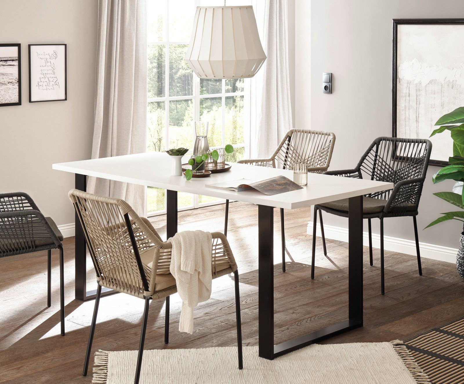 Furn.Design Esszimmer-Set Stove, (Komplett-Set in Pinie weiß Landhaus, 3-teilig inkl. Esstisch), mit Scheunentorbeschlag