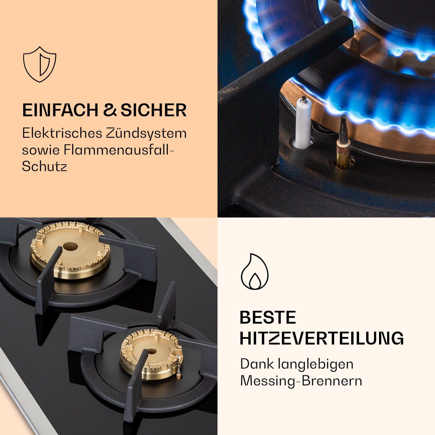 Klarstein Gas-Kochfeld Goldflame Domino Prime Gaskochfeld 2-flammig Messing-Brenner Glaskeramik CP11-Goldflame-D-Pr, Einbau Gas Kochfeld 2 Platten Herdplatte Kochplatte Einbaukochfeld