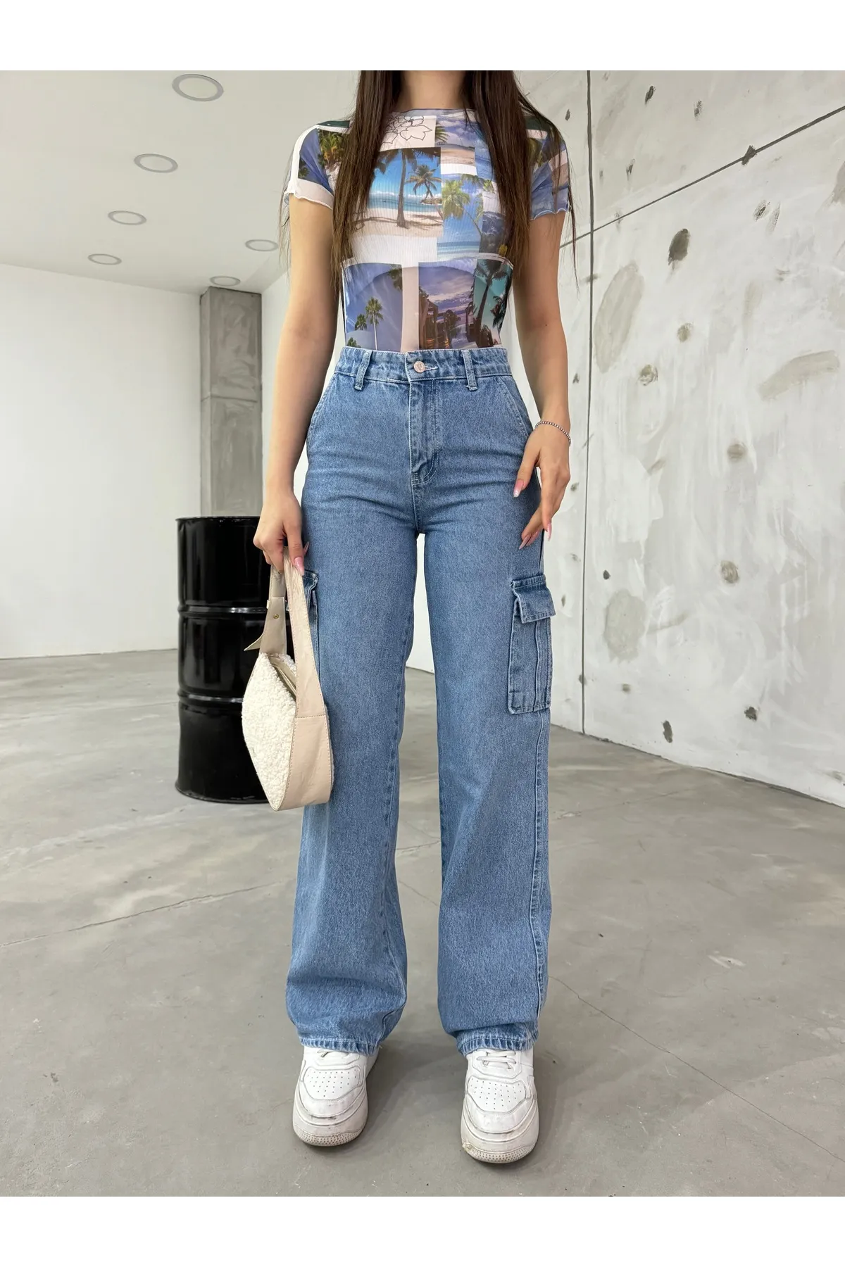 BİKELİFE  Blaue Cargohose mit hoher Taille und weitem Bein für Damen