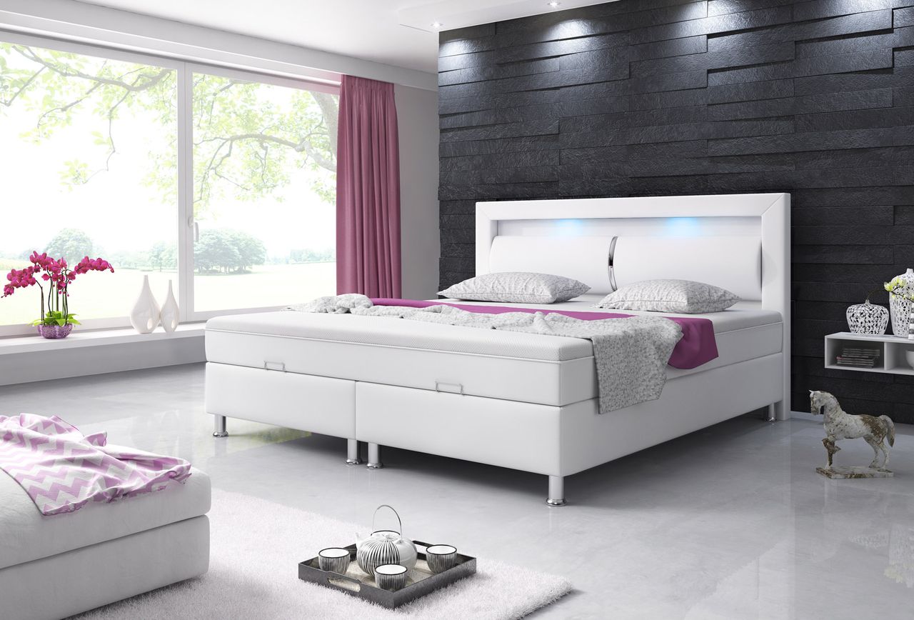 IHG Boxspringbett Milano 180x200 Bettkasten Kunstleder Weiss TYP 6 mit integriertem Topper
