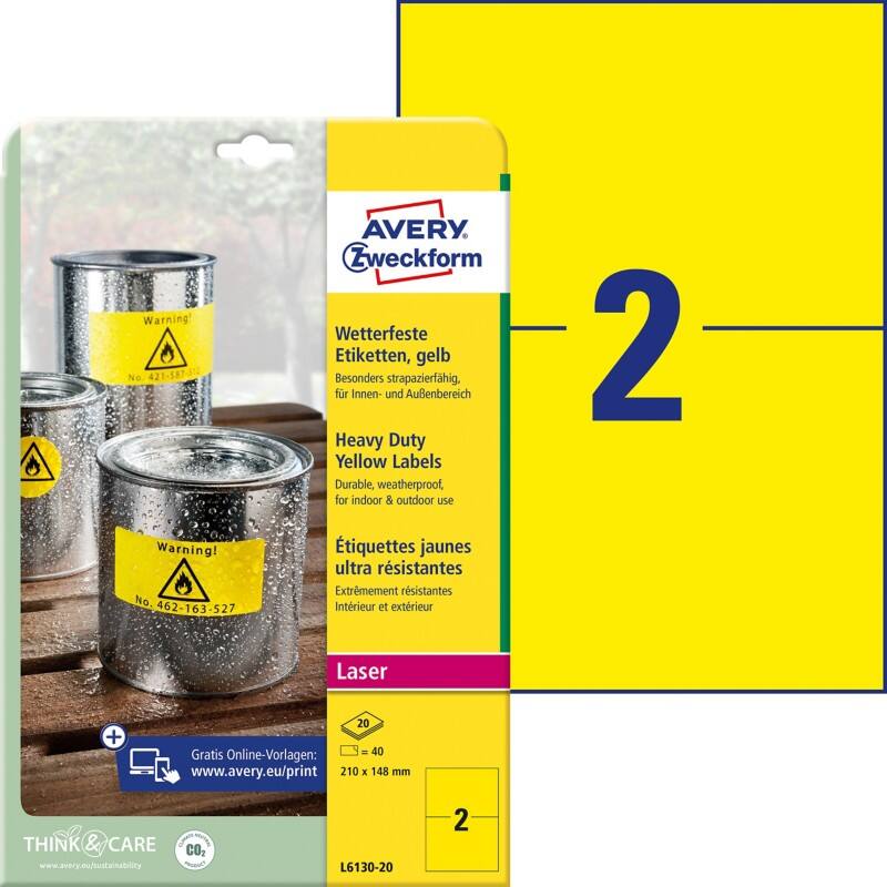 AVERY Zweckform Wetterfeste Etiketten L6130-20 Selbsthaftend DIN A4 Gelb 210 x 148 mm 20 Blatt à 2 Etiketten