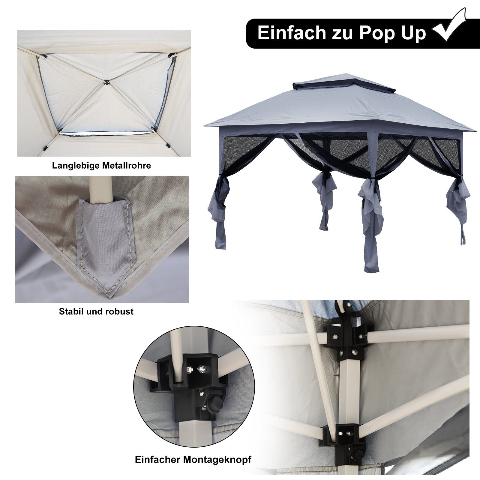 CLIPOP Faltpavillon 3.2x3.2M Doppeldach-Pavillon, mit 4 Seitenteilen Gartenzelt