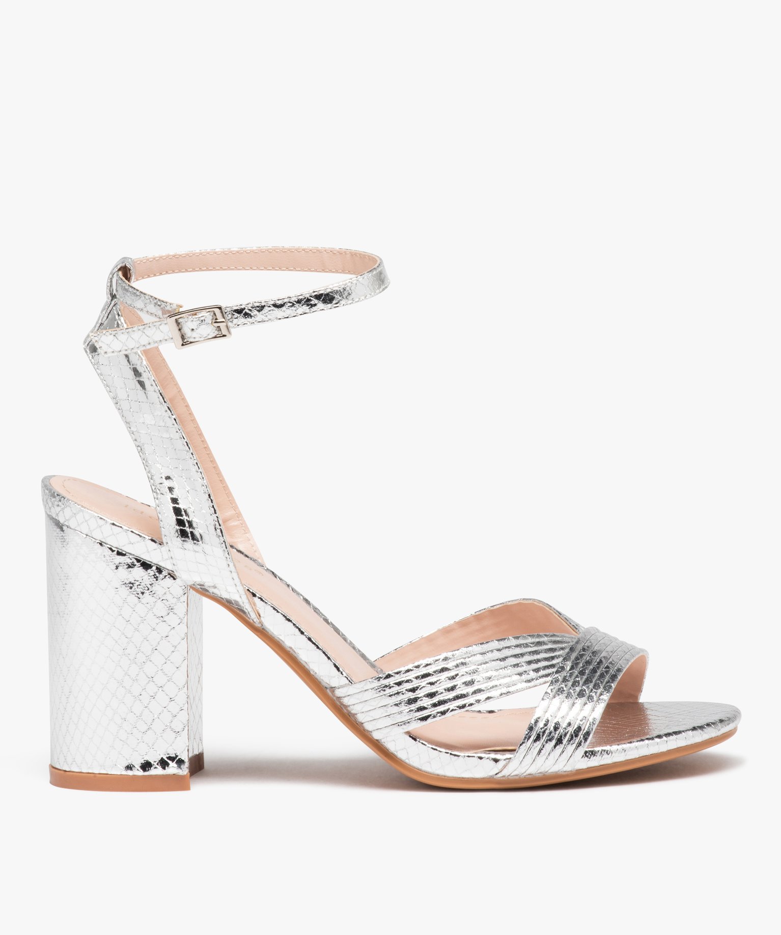Sandales femme métallisées à talon carré imitation peau ... argent | GEMO