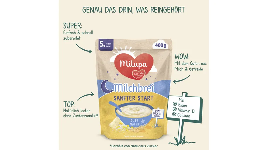 MILUPA Milchbrei Sanfter Start Gute Nacht nach dem 4. Monat 400 g