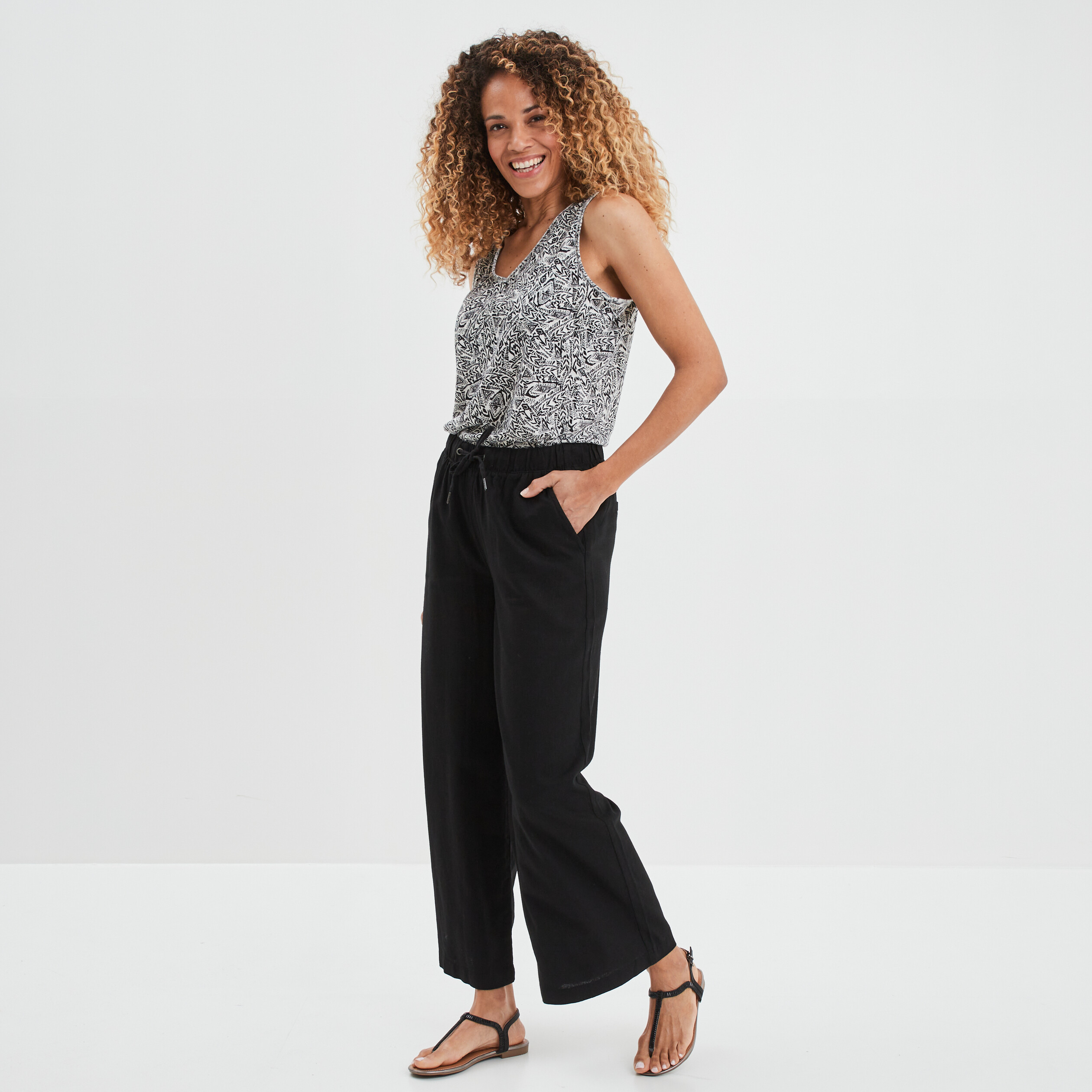 Pantalon large en lin majoritaire noir femme | La Halle