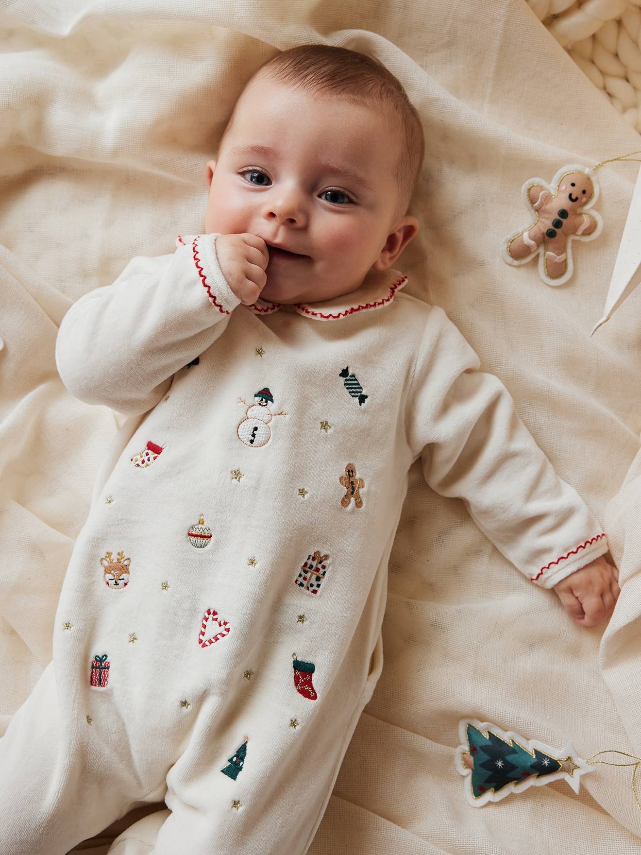 Vertbaudet Baby Samt-Strampler mit Weihnachts-Stickereien Oeko-Tex - wollweiß
