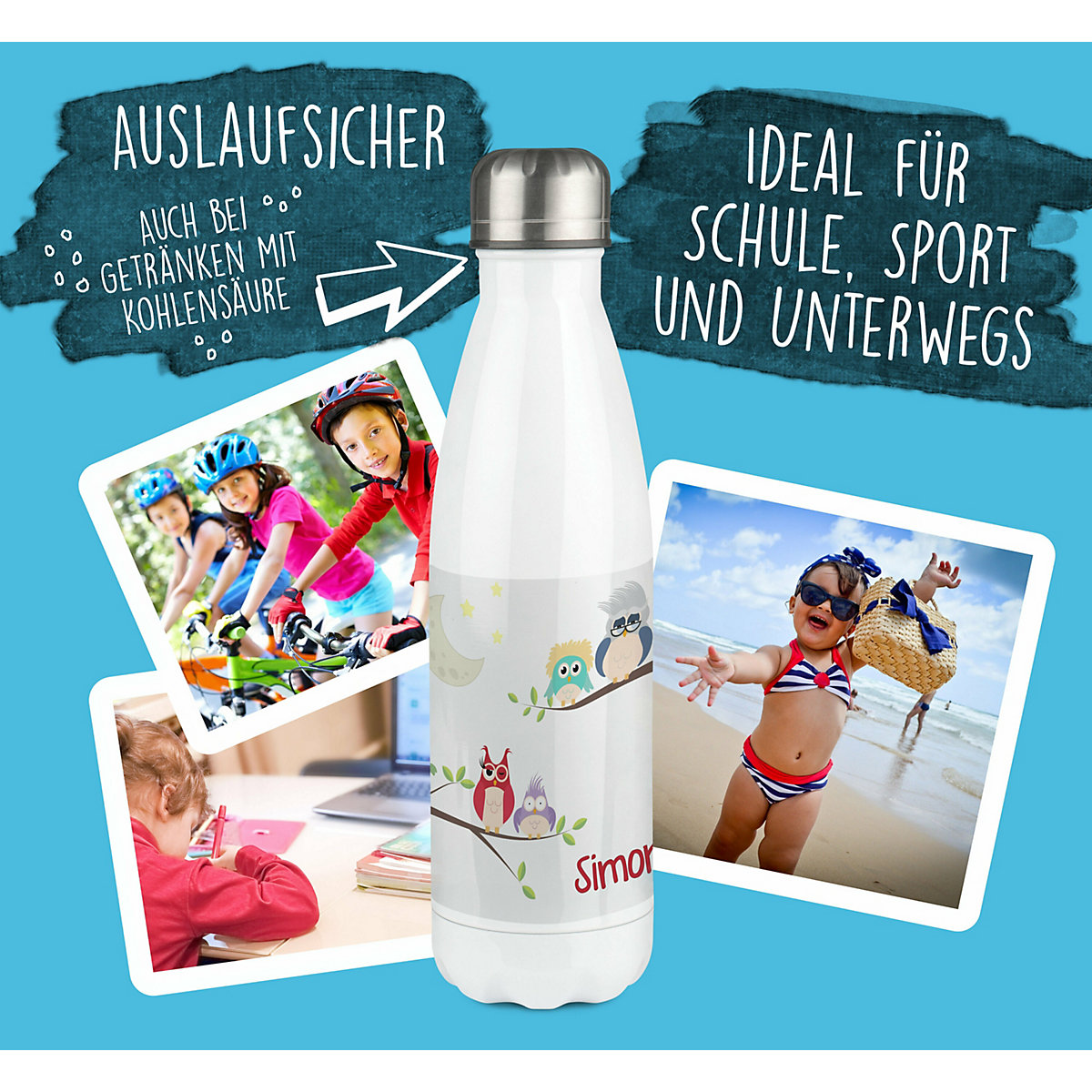 Edelstahl Kinder Thermoflasche / Trinkflasche bunt Eulenfamilie Spülmaschinenfest, Auslaufsicher, Bruchfest, Doppelwandig, Für Heißgetränke geeignet, Mit Deckel, Isoliert
