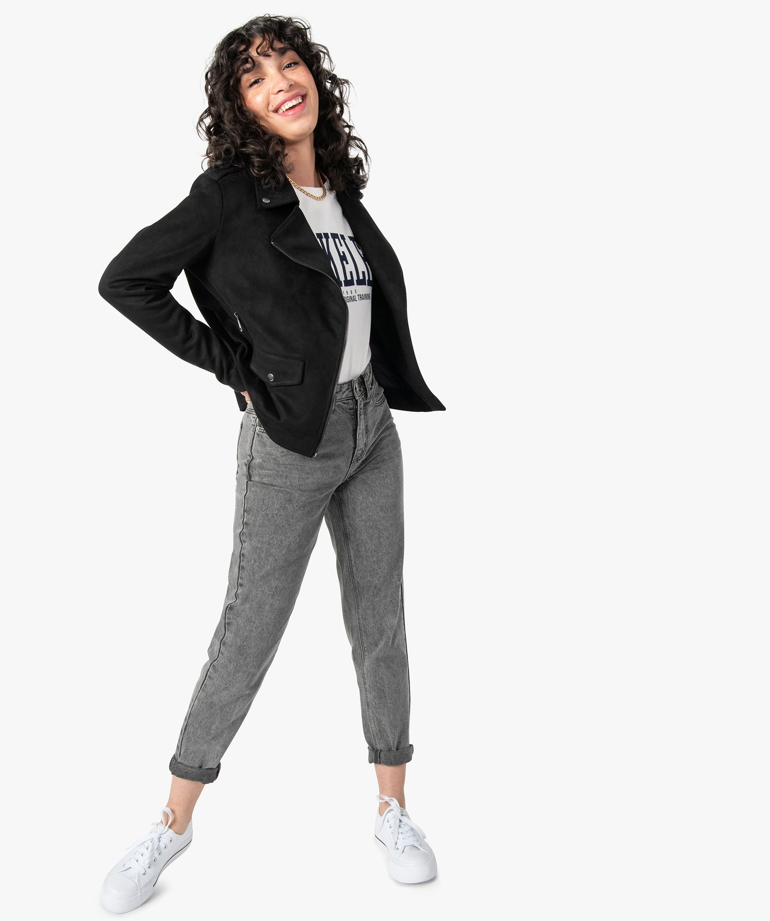 Blouson esprit motard en suédine femme noir | GEMO