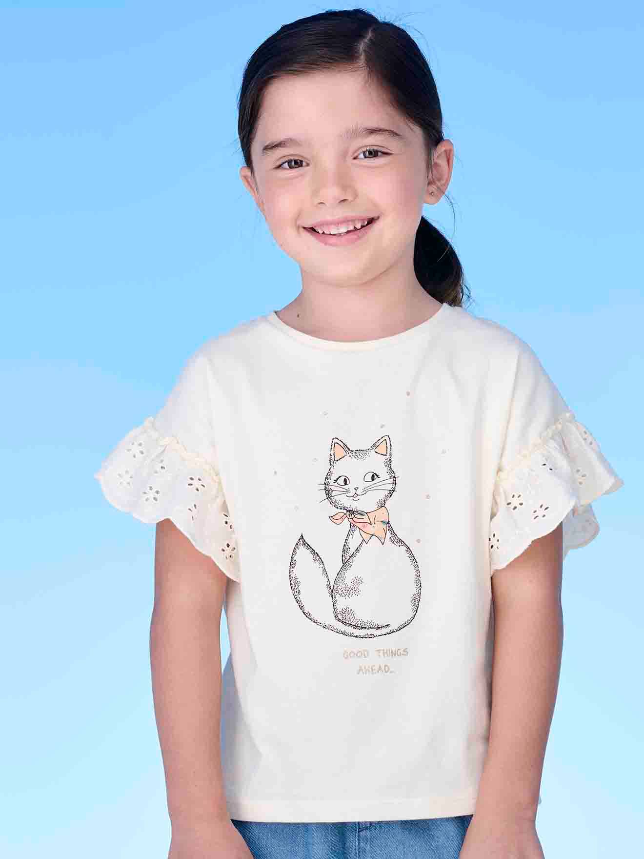 Vertbaudet Mädchen T-Shirt mit Volantärmeln, Bio-Baumwolle - wollweiß katze
