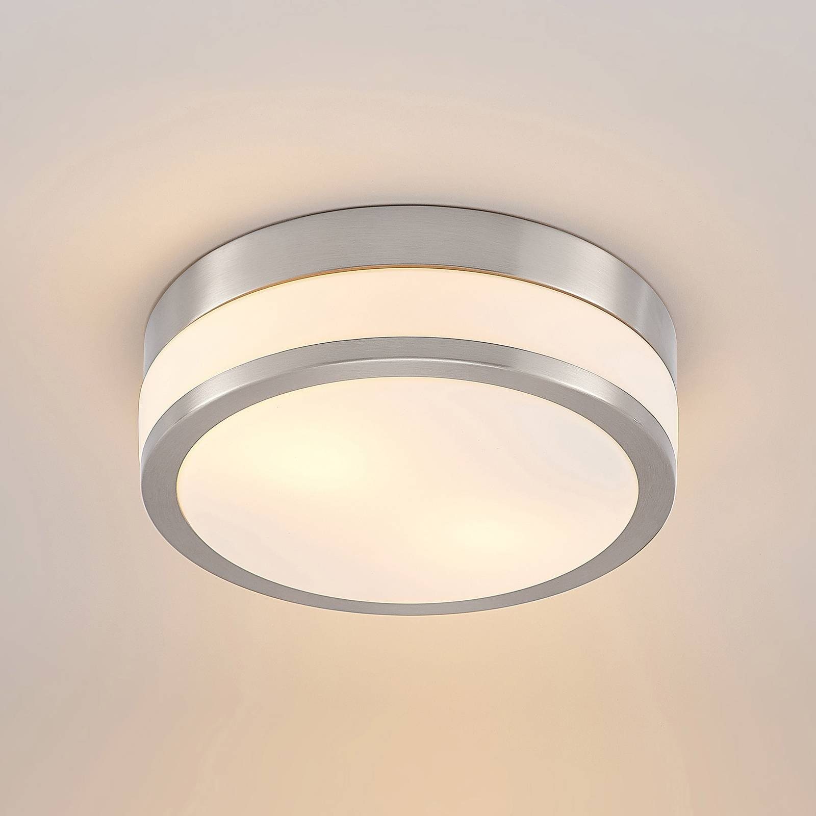 Lindby Deckenleuchten Flavi, dimmbar, Leuchtmittel nicht inklusive, Modern, Glas, Metall, opalweiß, nickel matt, 2 flammig, E27, Bad