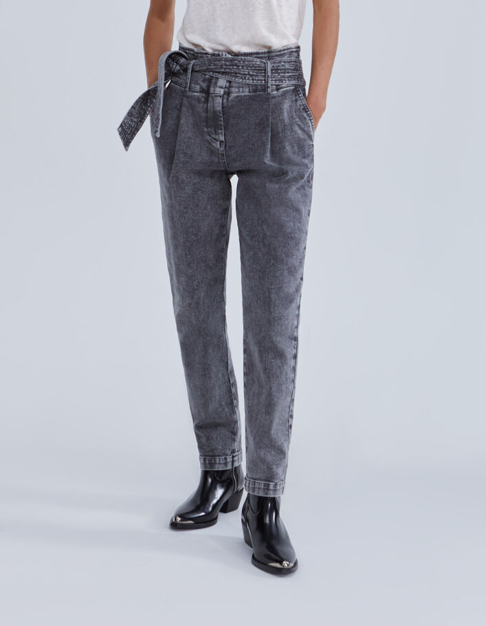 Jean bootcut gris taille haute ceinturée Femme