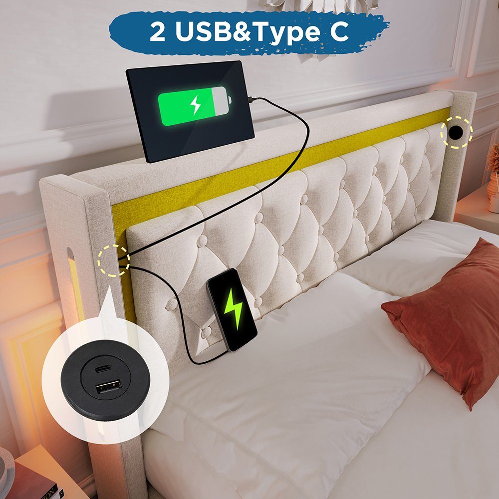 PHOEBE CAT Polsterbett (140x200cm Hydraulisches Doppelbett mit Lattenrost und LED-Beleuchtung), Stauraumbett mit USB Typ C Ladefunktion Kopfteil, Baumwolle-Leinen