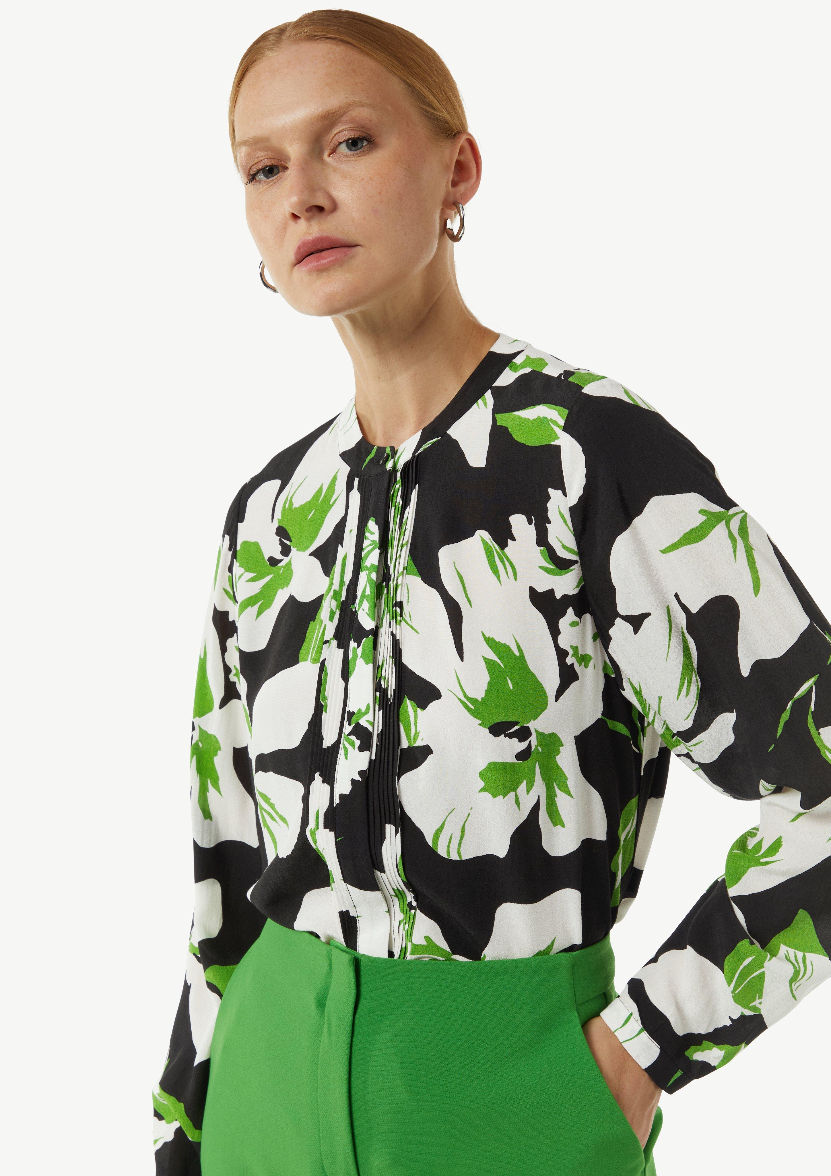 Gemusterte Bluse mit verdeckter Knopfleiste und Biesen - mehrfarbig