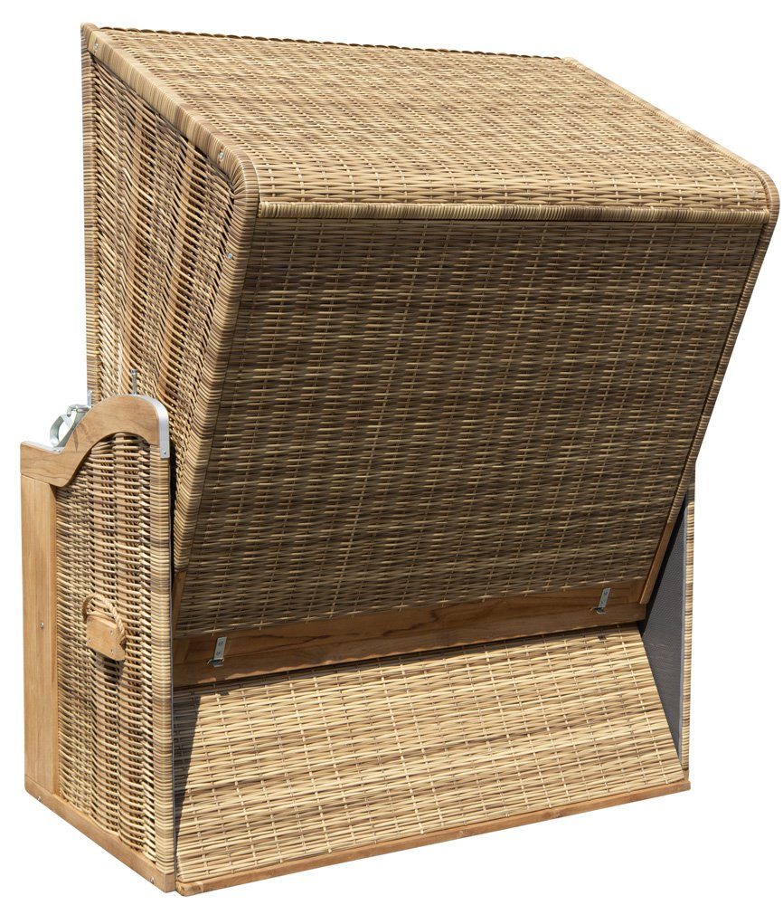 Trendyshop365 Strandkorb extra breit, BxTxH: 140,00x80,00x160,00 cm, Halblieger, Ostsee-Modell, (XL 2-Sitzer), Teakholz, komplett fertig montiert, mit 4 Rollen