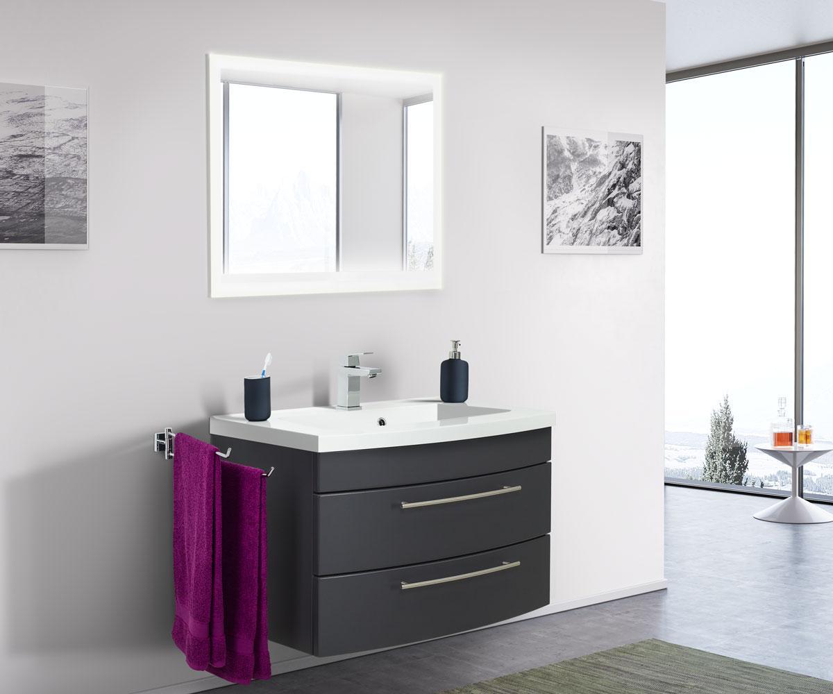 Posseik Badmöbelset Luna 80 mit runder Front anthrazit seidenglanz LED Spiegel 80 cm EEK: F