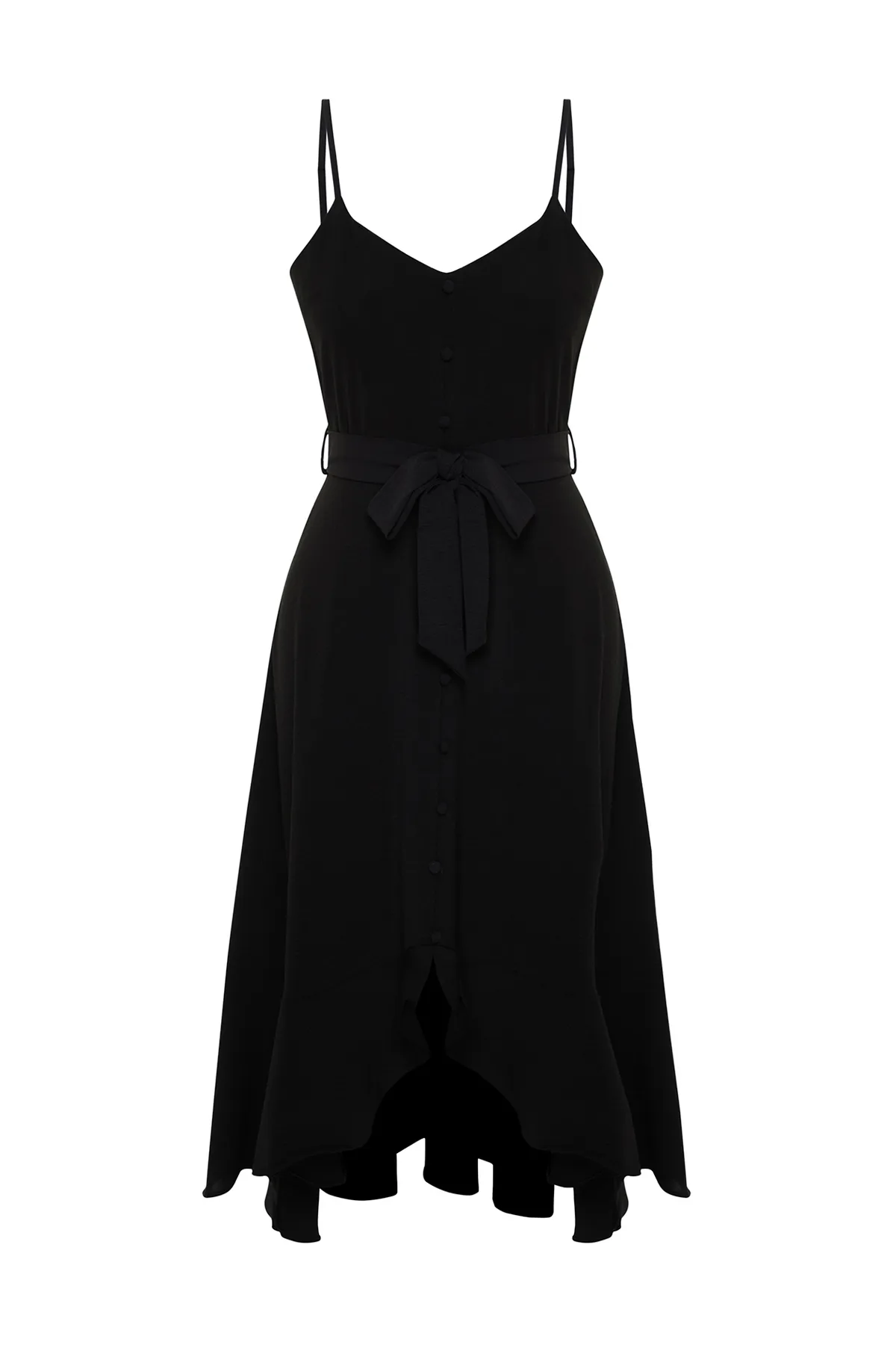 Trendyol Collection  Schwarzes, gewebtes Maxikleid in A-Linie/Glockenform mit Volant und Gürtel TWOSS23EL02271