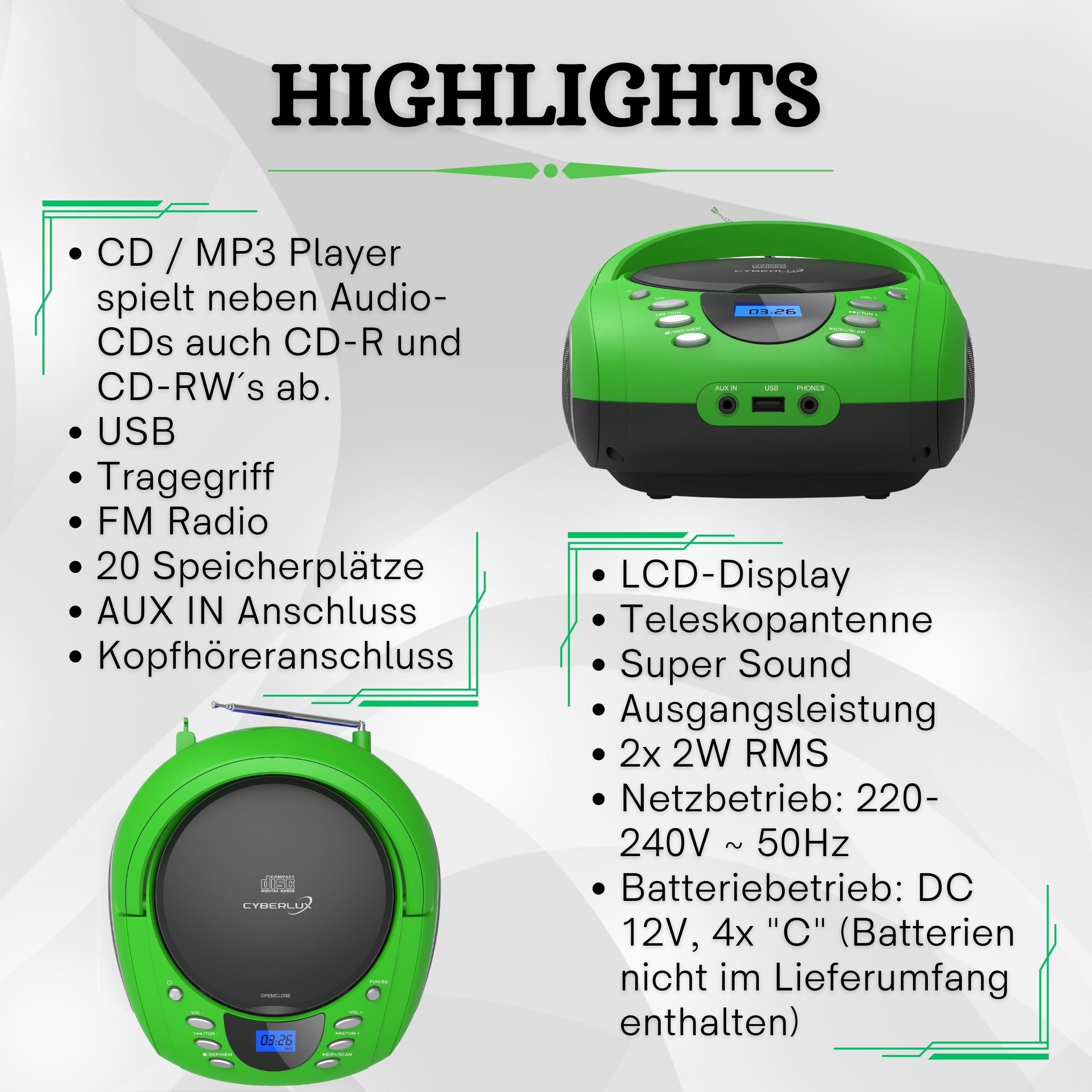 Cyberlux CL-700 tragbarer CD-Player (CD, Kinder CD Player tragbar, Boombox, Musikbox, FM Radio mit MP3 USB)