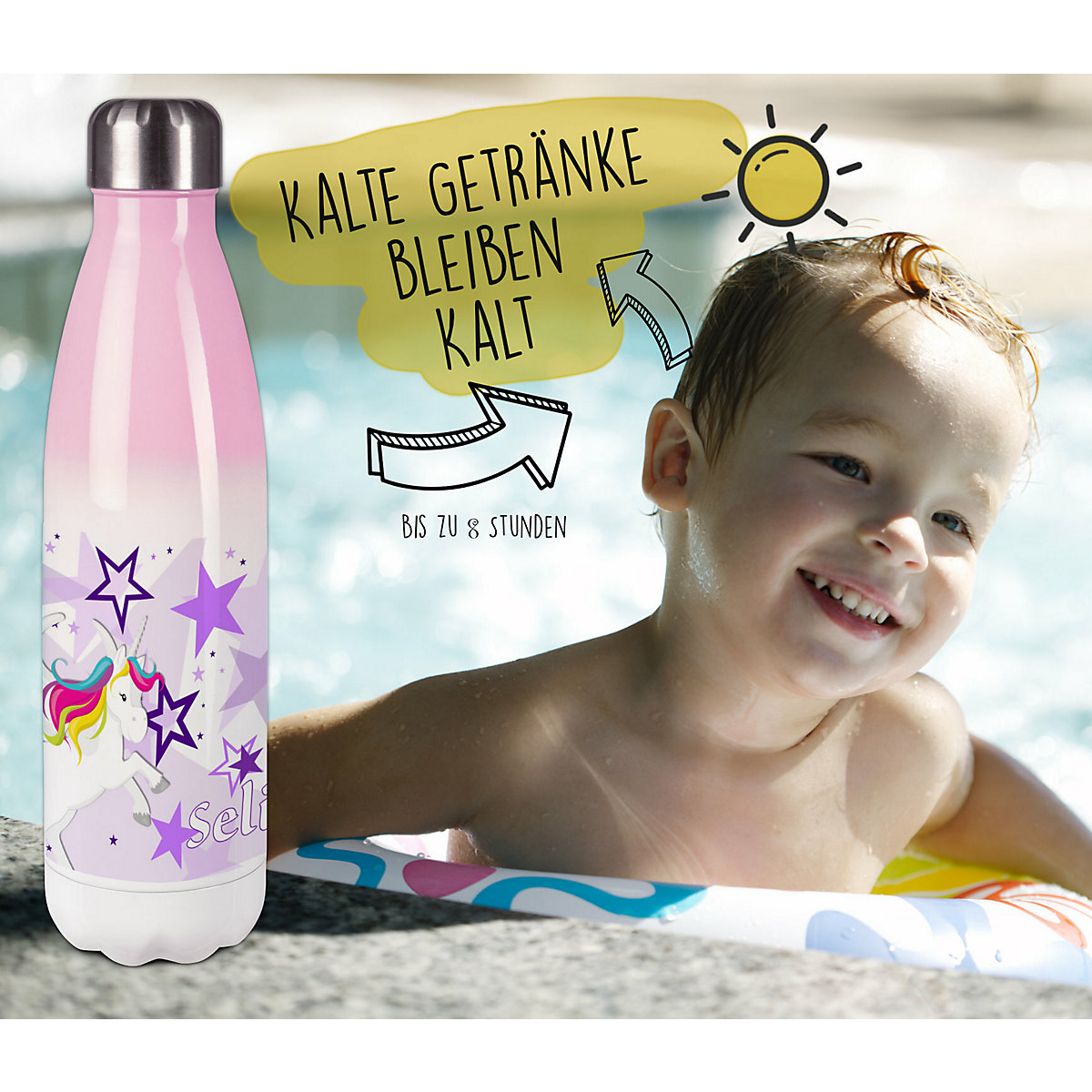 Edelstahl Kinder Thermoflasche / Trinkflasche bunt Pegasus Sterne Farbe lila Spülmaschinenfest, Auslaufsicher, Bruchfest, Doppelwandig, Für Heißgetränke geeignet, Mit Deckel, Isoliert
