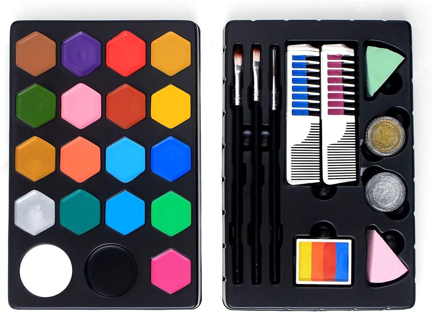 Diyarts Schminkstift (umfangreiches und sicheres Face-Painting-Kit, 19-tlg), 19 lebendige Farben, funkelnder Glitzer, wiederverwendbare Schablonen