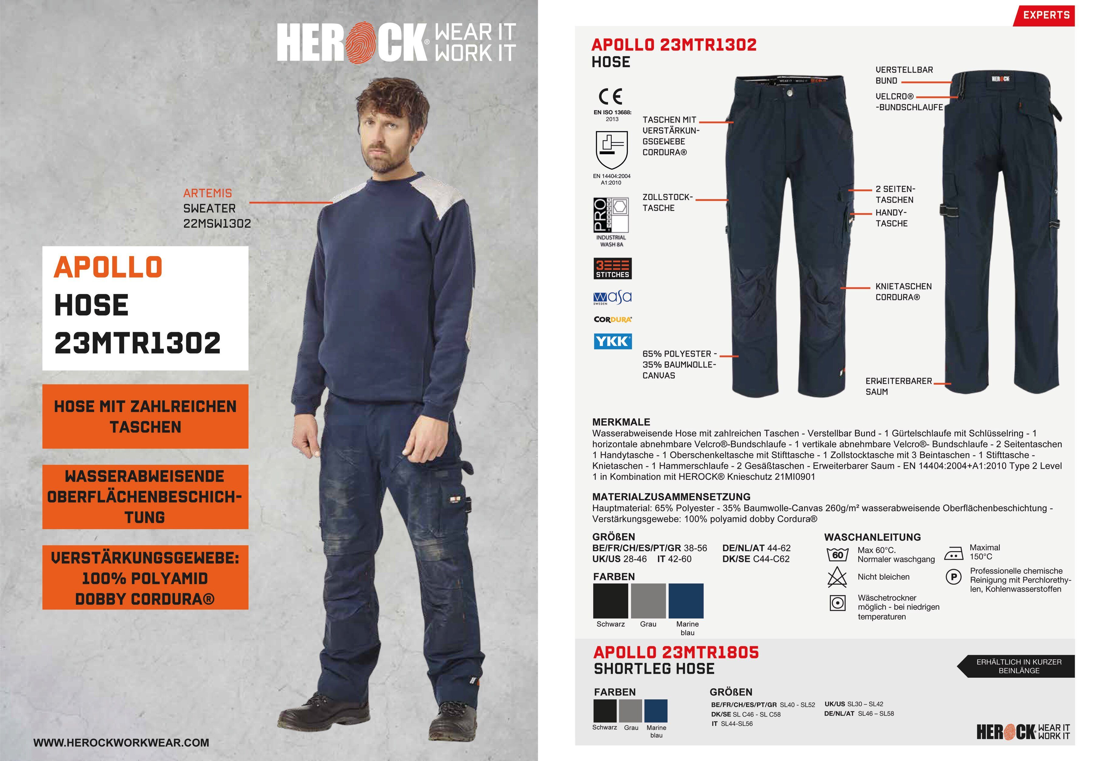 Herock Arbeitshose Apollo Hose Wasserabweisend - bequem & leicht - 8 Taschen - Regelbarer Bund