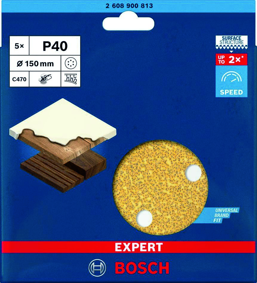 Bosch Blue Zubehör 2608900813 Expert C470 Schleifpapier mit 6 Löchern für Exzenterschleifer 150 mm, K40, 5 Stück