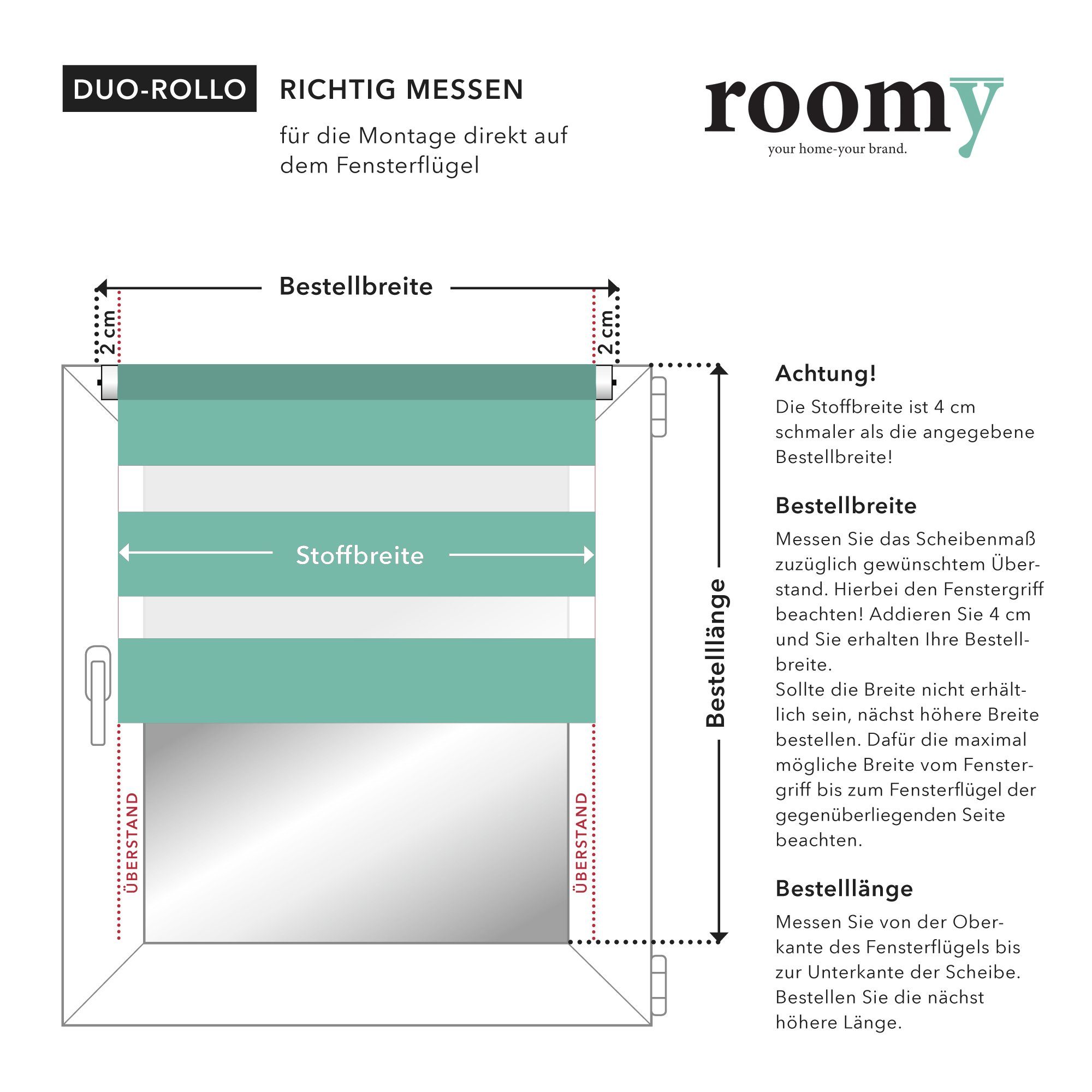 Doppelrollo Duo-Rollo Doppelrollo, Roomy, Klemmbar, Anschraubbar, freihängend, Klemmbar, Anschraubbar, Klemmfix, ohne Bohren, blickdicht Sichtschutz Sonnenschutz, verstellbarer Klemmträger, Freihängend, Bedienseite frei wählbar (vormontierter Kettenz