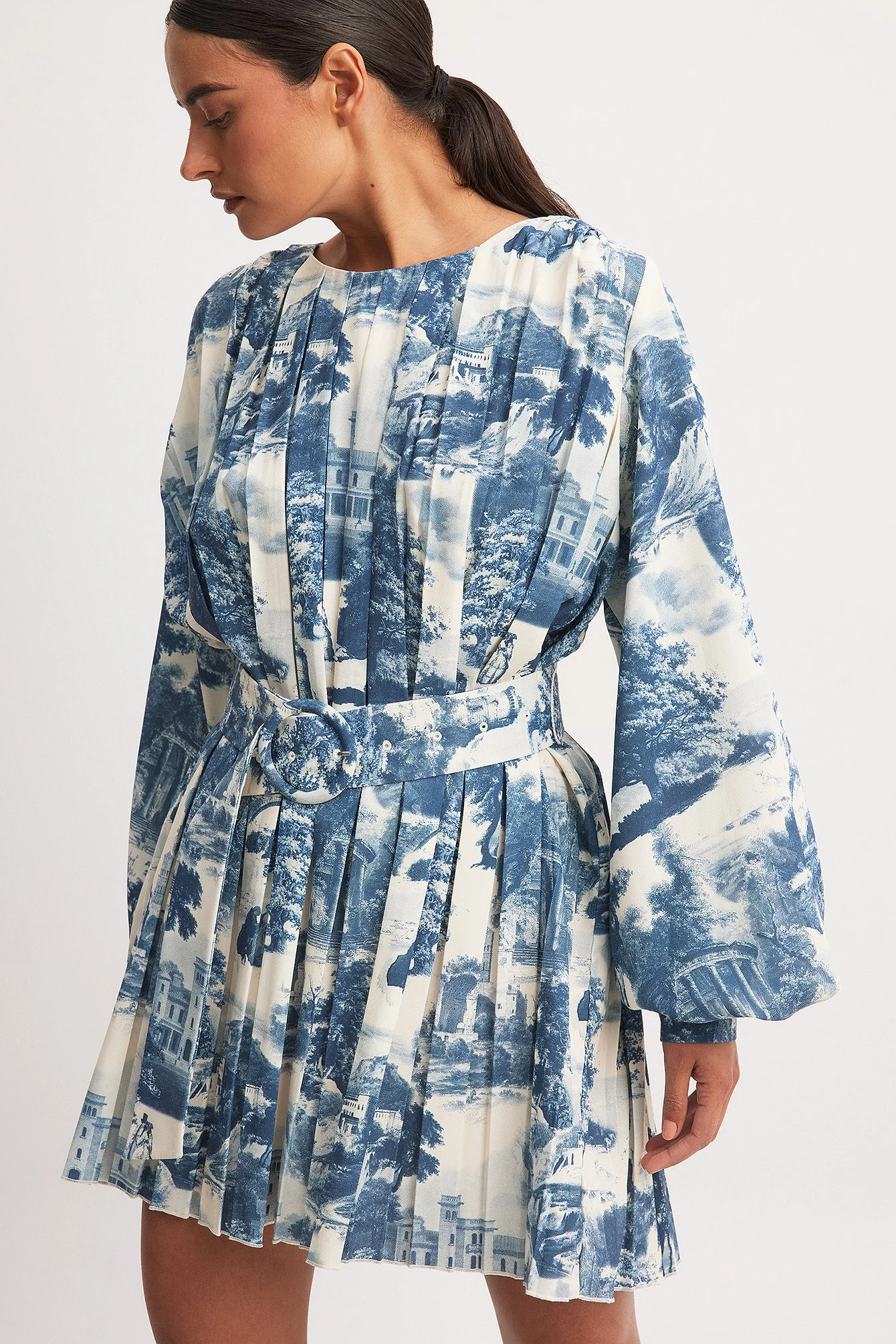 Pleated Woven Balloon Sleeve Mini Dress