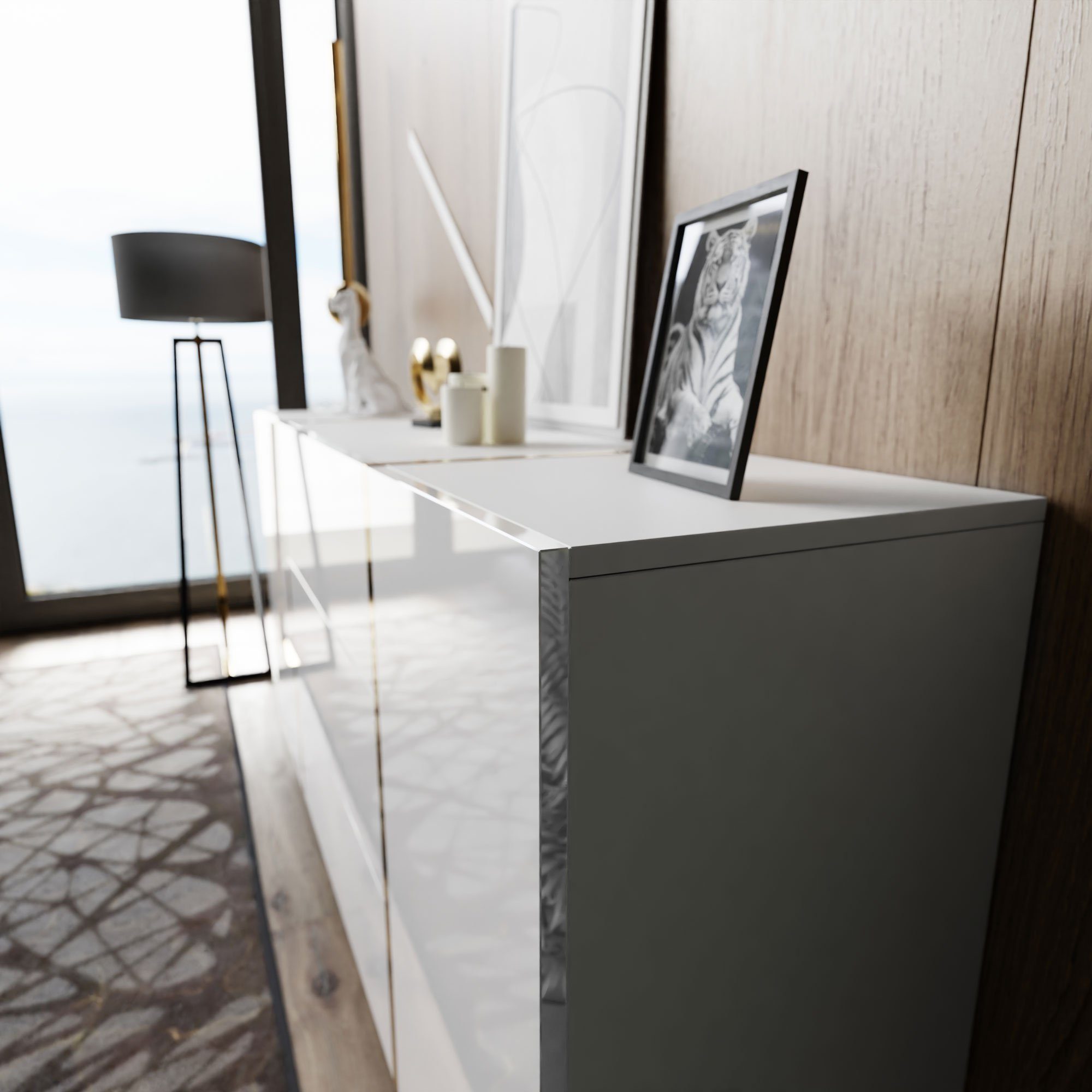 yourhouse24 Kommode ONYX goldenen Beinen Sideboard Hochglanz Push-Open / Goldgriffe 158 cm