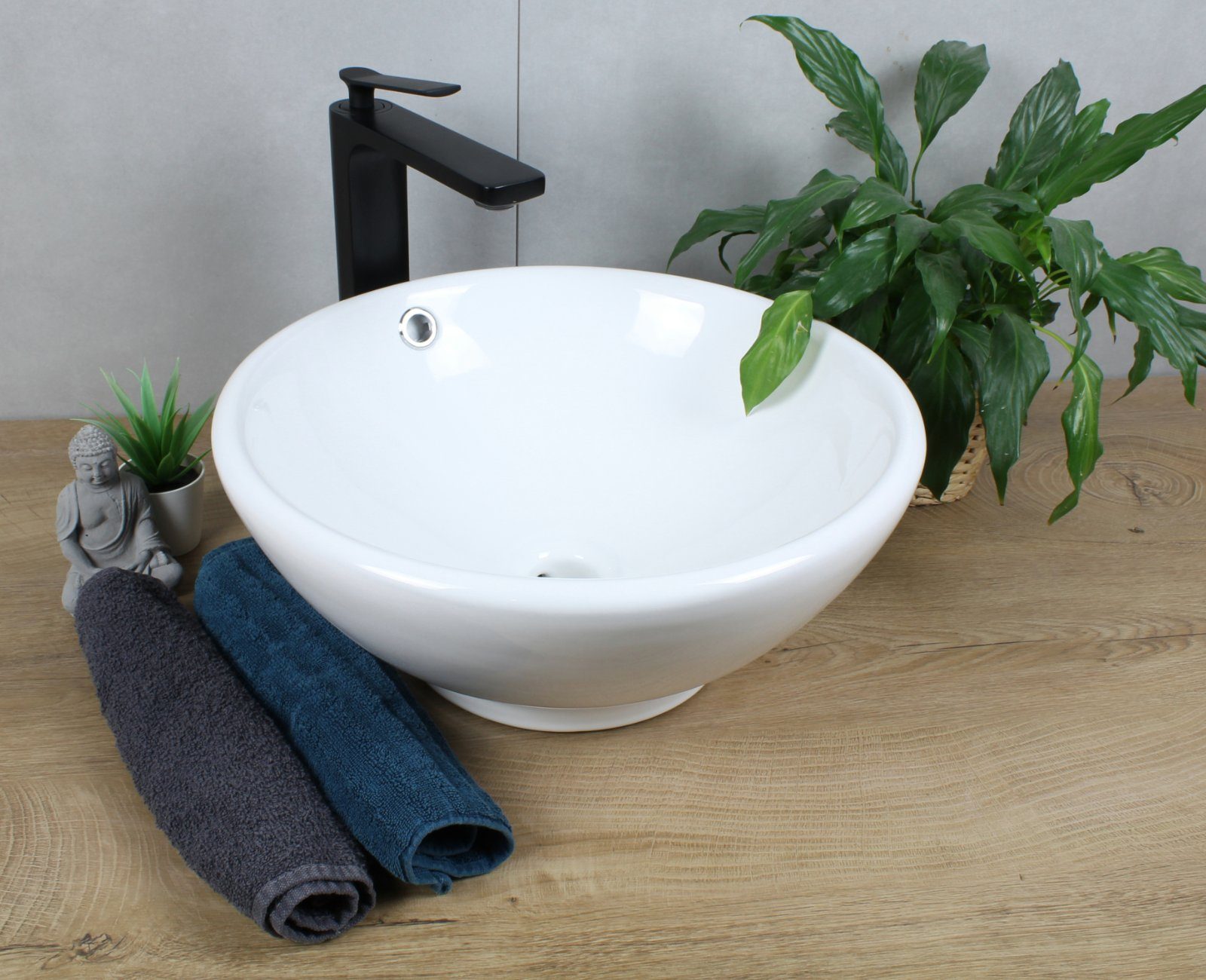 HAGO Aufsatzwaschbecken Keramik Waschbecken rund Ø420x170 weiß mit Überlauf Aufsatzwaschbecken