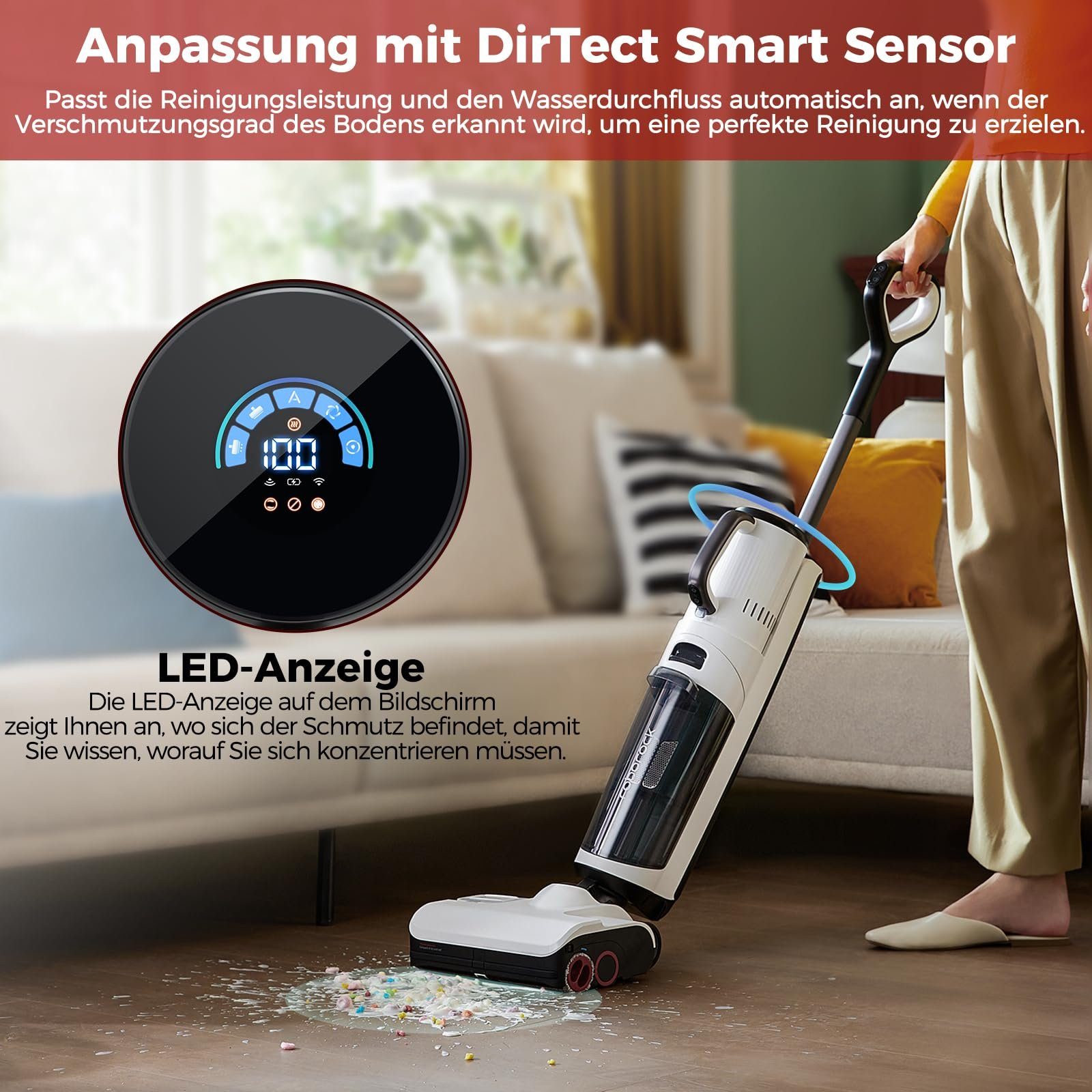Roborock Nass-Trocken-Sauger Dyad Pro Combo, 260,00 W, 5-in-1 Nass Trockensauger Kabelloser 17000Pa Wischsauger kabellos mit Akku Staubsauger für Teppichreinigung, elektrische Minibürste und 2 Reinigungsköpfe, APP, Sprachsteuerung