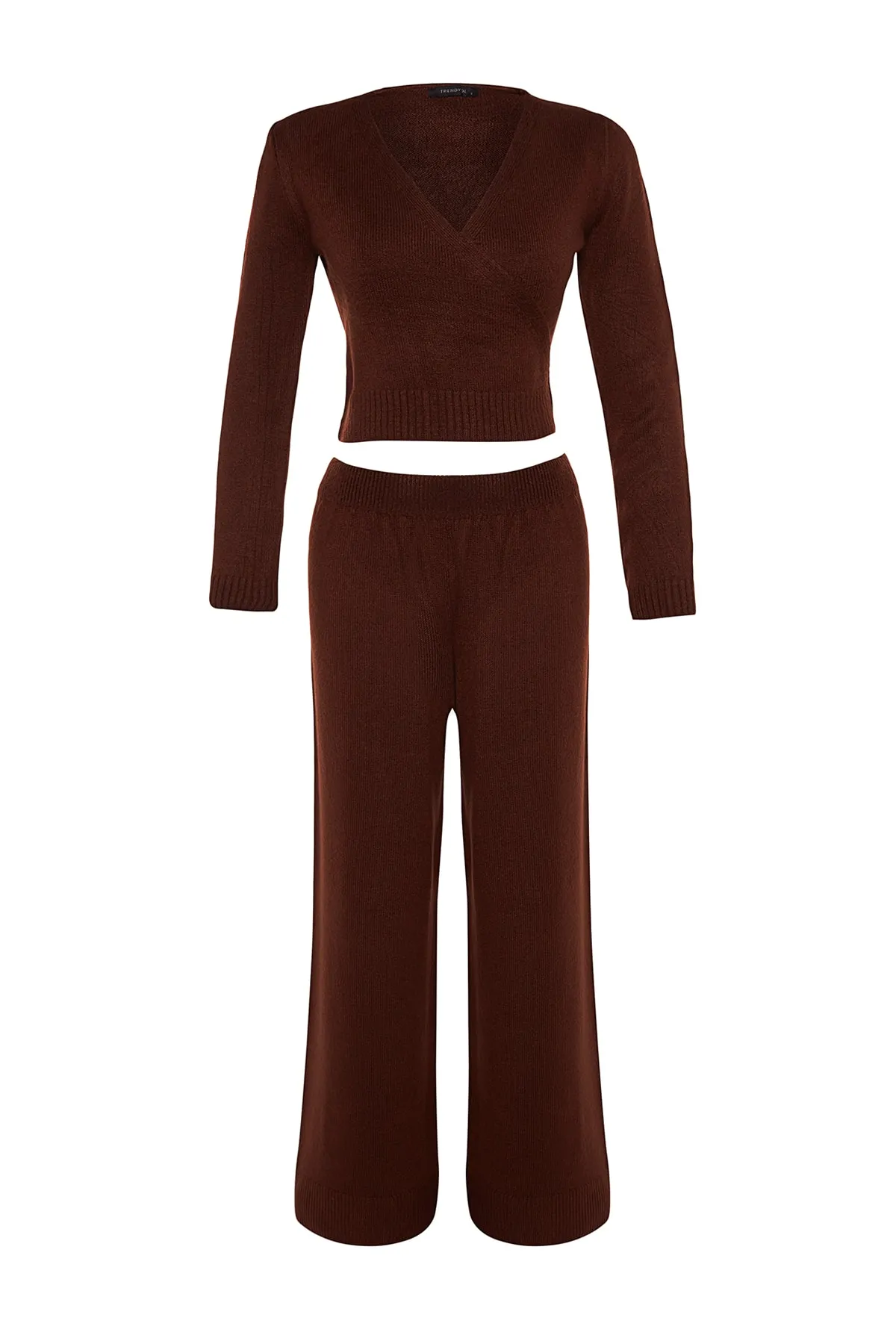 Trendyol Collection  Braunes, kurzes Strickoberteil und -unterteil-Set TWOAW24AU00016