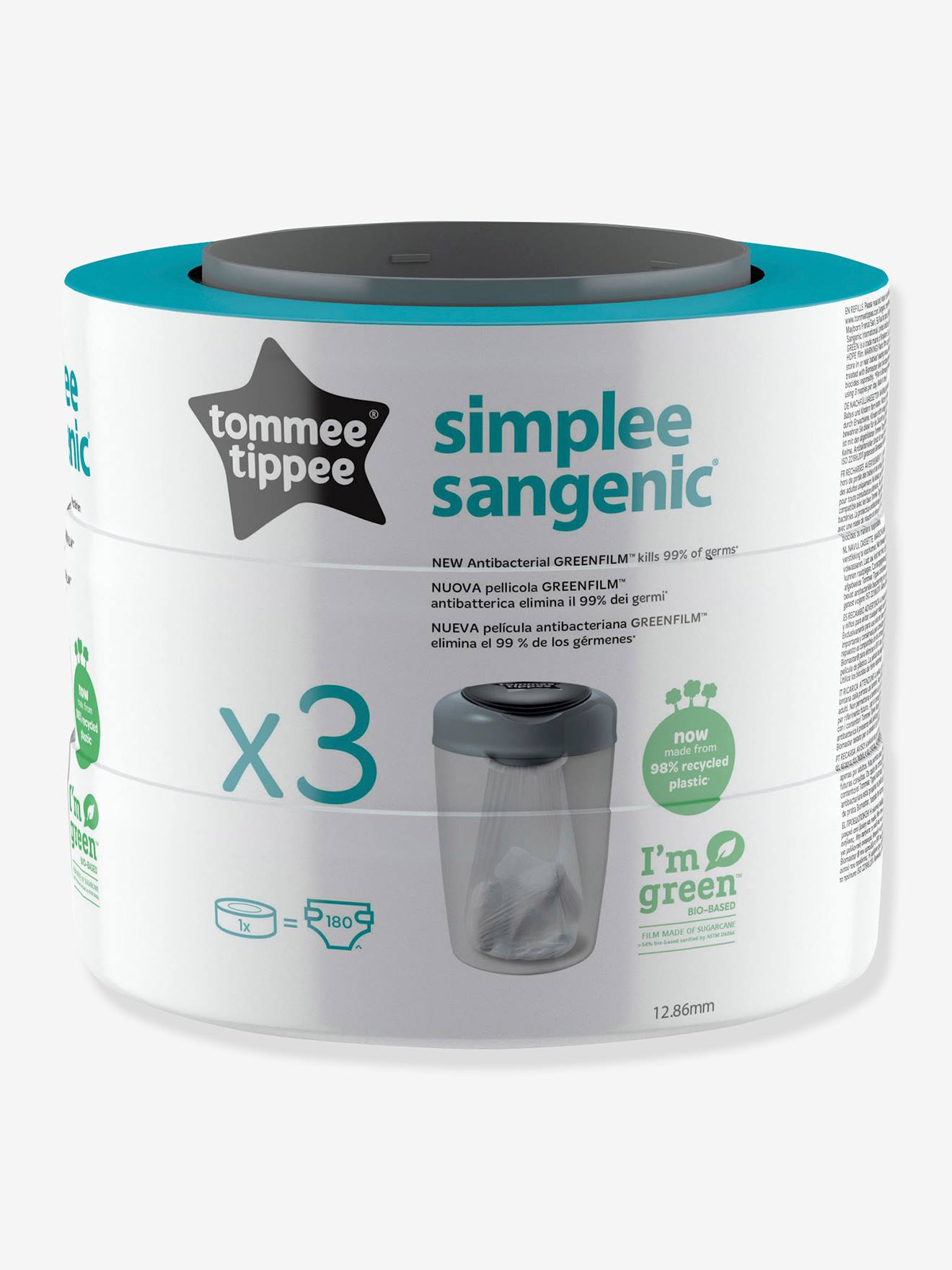 Lot de 3 recharges pour poubelle à couches Simplee Tommee tippee SANGENIC en plastique recyclé blanc
