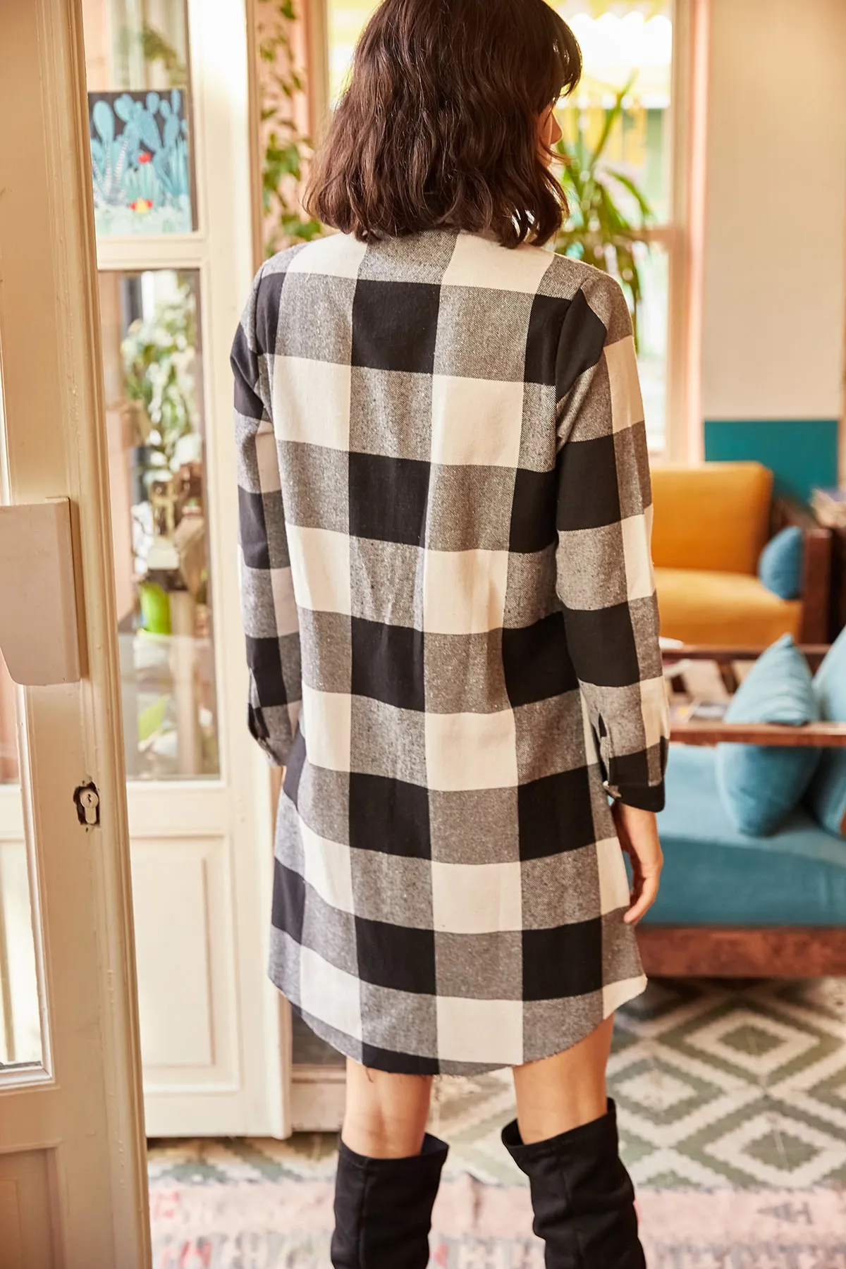 Olalook  Schwarzes Lumberjack-Tunikakleid mit dickem Karomuster für Damen ELB-19000836