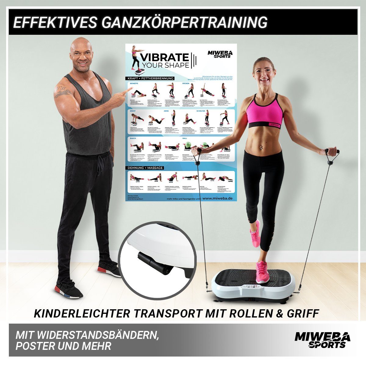 Miweba Sports Vibrationsplatte Vibrationsboard MV100 inkl. Fernbedienung - 2D-Vibration, 250 W, 99 Intensitätsstufen, (150 kg max. Benutzergewicht, Bluetooth, 10 Programme, extra breite Trittfläche, LED-Display, 12,5 kg Leichtgewicht, Poster & Widers