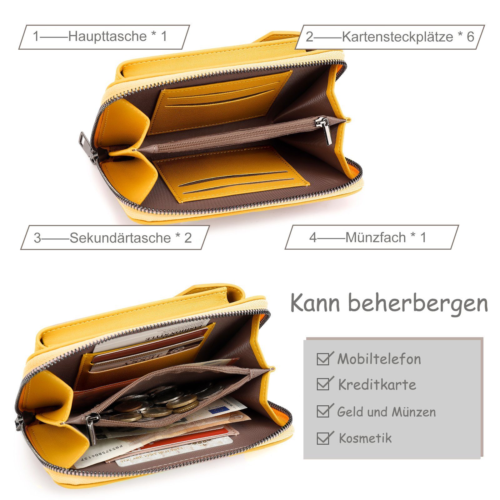 TAN.TOMI Geldbörse Umhängetasche klein, Handytasche Damen mit vielen Fächern, mit abnehmbarem Gurt und vielen Fächern